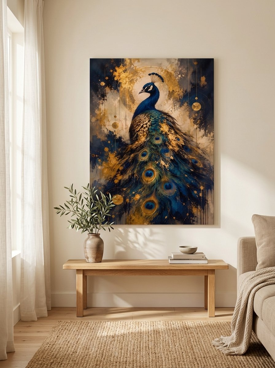 Royal blue peacock with fanned gold and blue tail on abstract gold circle background — canvas wall art