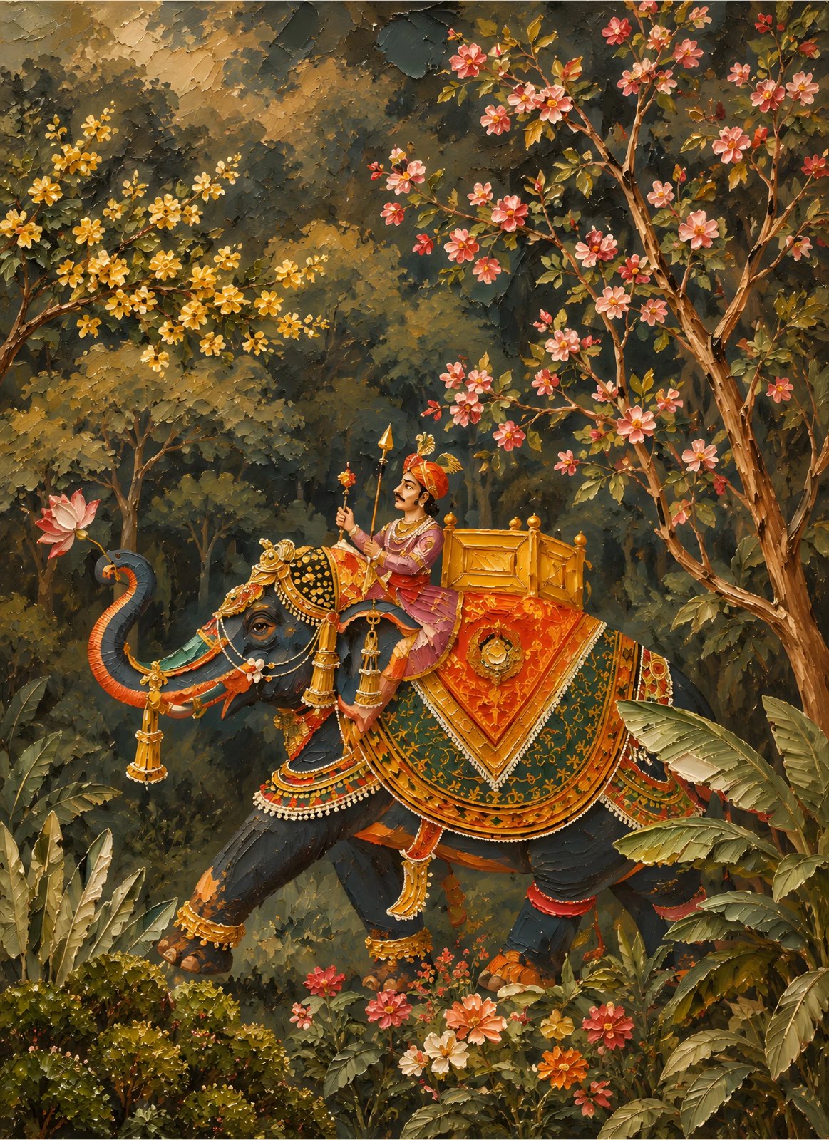 Royal decorated elephant with rider processing through a flowering forest canvas wall art in greens reds and golds