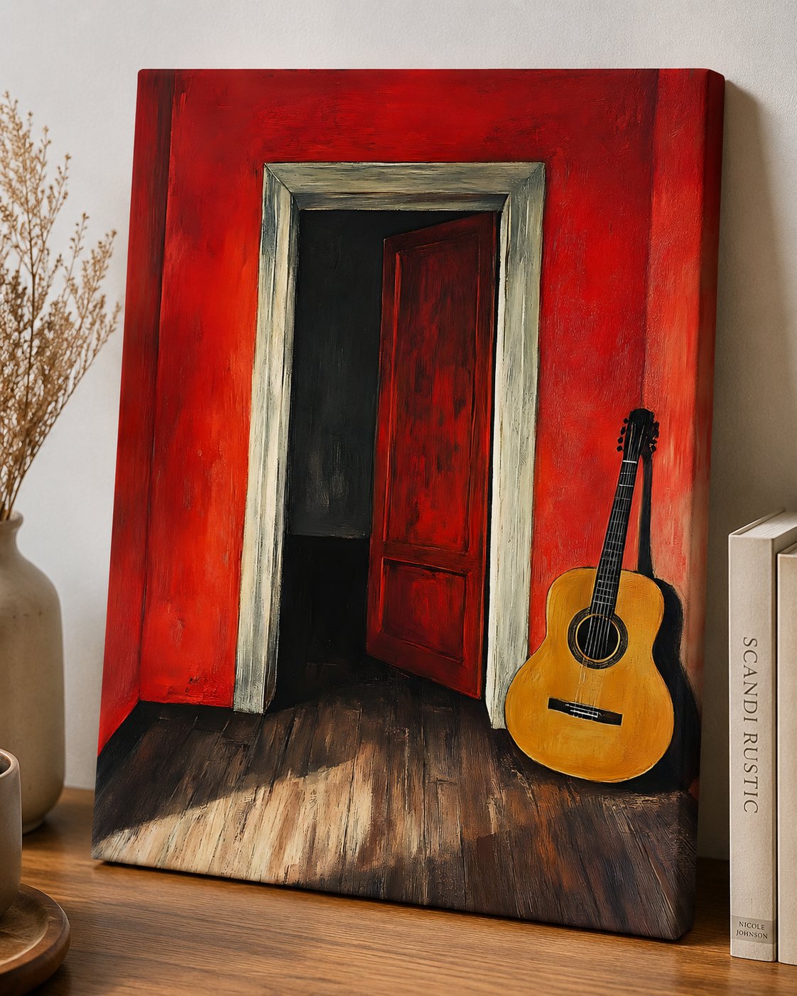 Rustic Red Room with Acoustic Guitar Wall Art - Moody Open Door Canvas Print canvas print — acoustic guitar decor