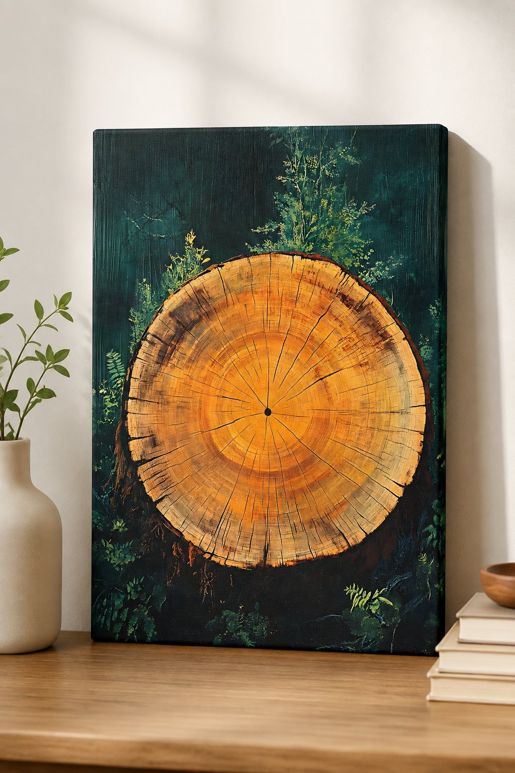 Rustic Tree Rings Wall Art - Moody Forest Tree Stump Cross-Section Canvas Print canvas print — tree ring wall decor