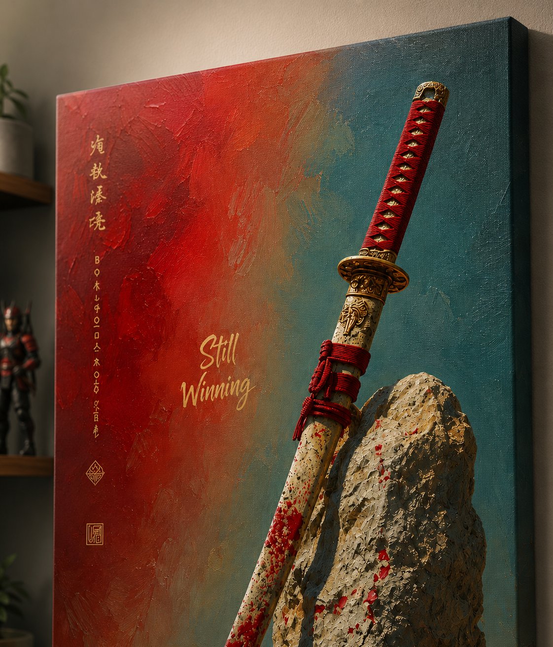 Samurai Katana Sword Wall Art - "Still Winning" Japanese Warrior Canvas Print, Red and Teal Abstract Background, Asian Calligraphy Poster, Martial Arts Decor, Symbolic Strength Gift canvas print — katana