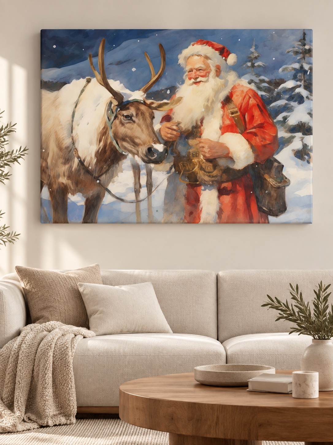 Vintage Christmas canvas art of Santa with his reindeer in the snow