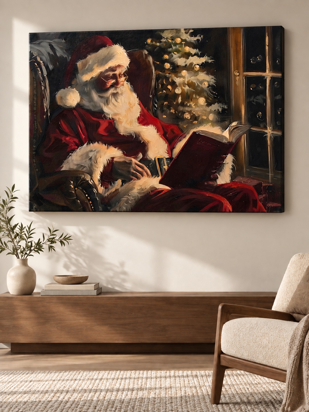 Santa Reading by Night Window Canvas Wall Art