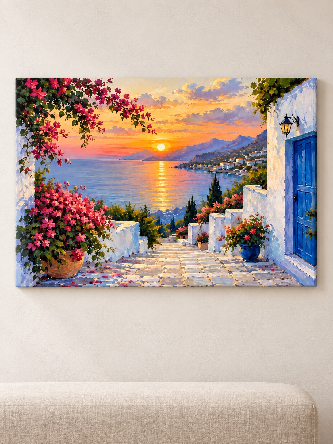 Santorini sunset coastal canvas wall art with bougainvillea flowers, blue door and sea view