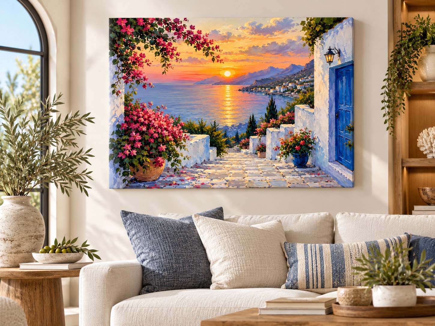 Santorini sunset coastal canvas wall art with bougainvillea flowers, blue door and sea view