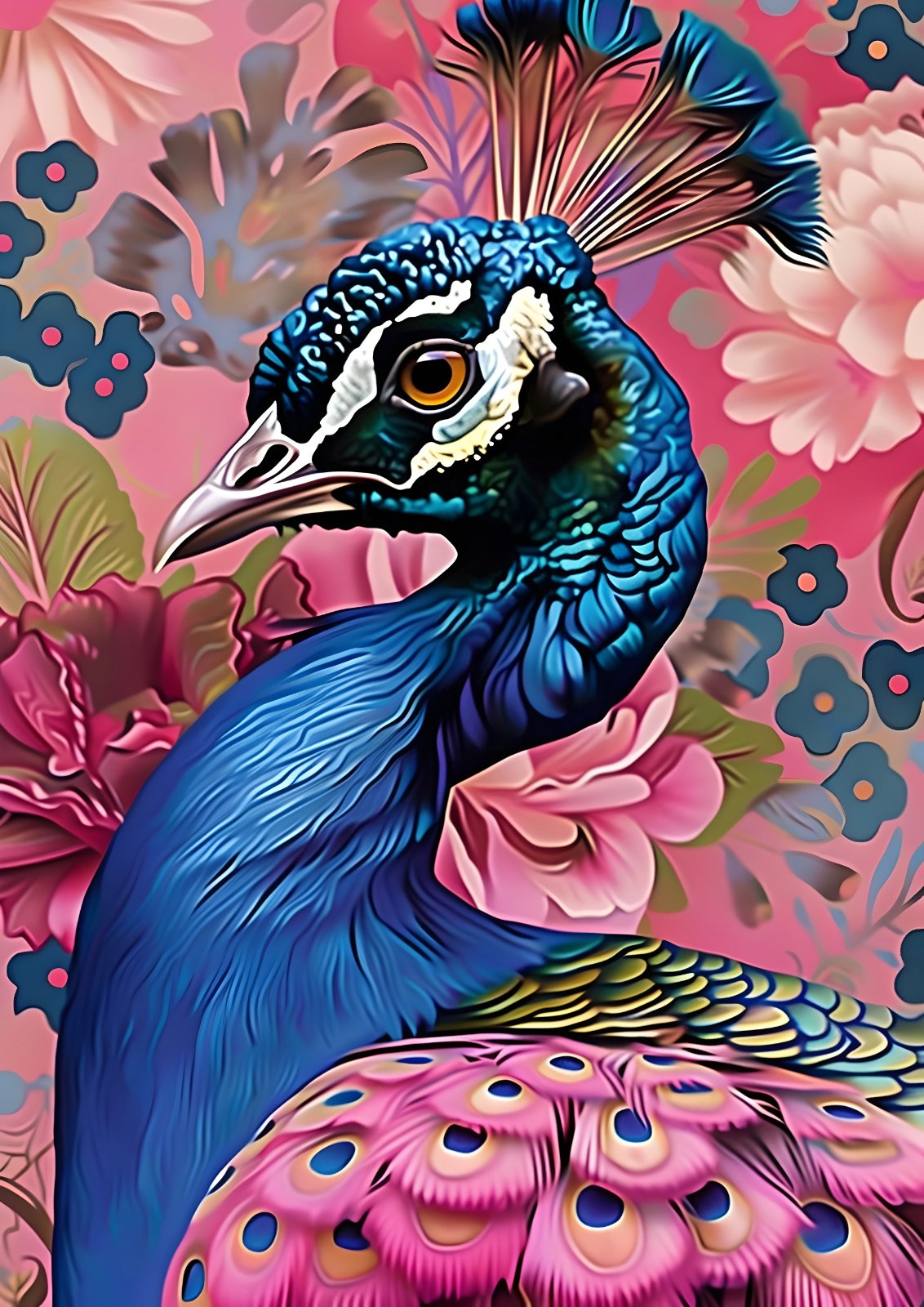 Blue Peacock with Pink Tail Feathers and Floral Background | Colorful Bird Poster — Poster