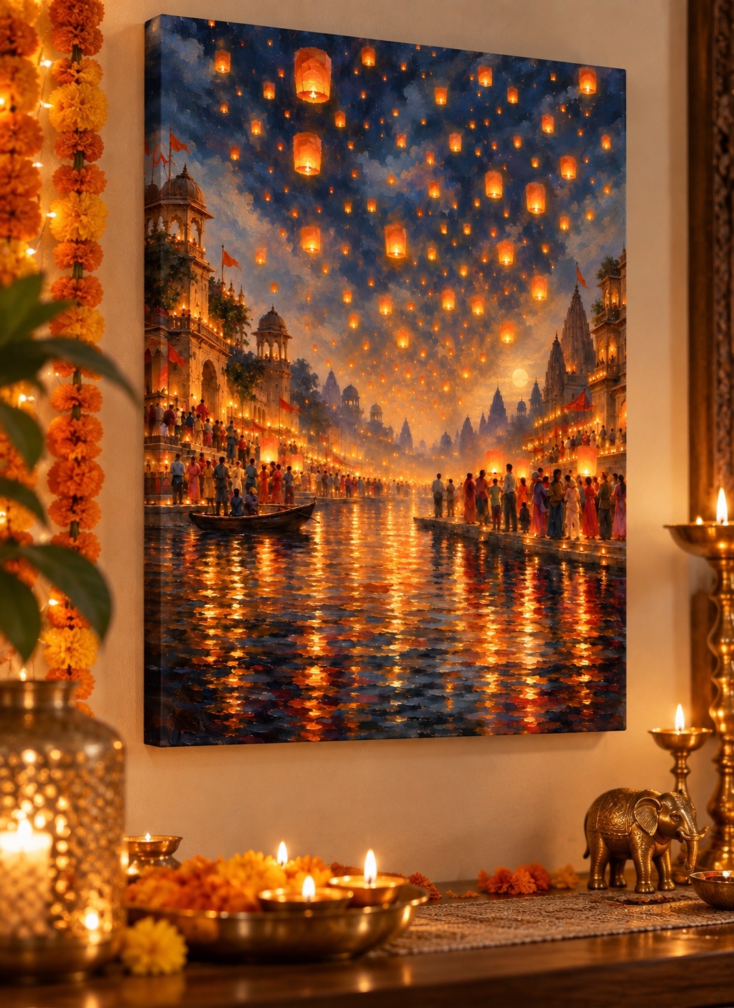 Glowing Lantern Festival Riverside Painting – Golden Orange & Deep Blue Cultural Cityscape Décor