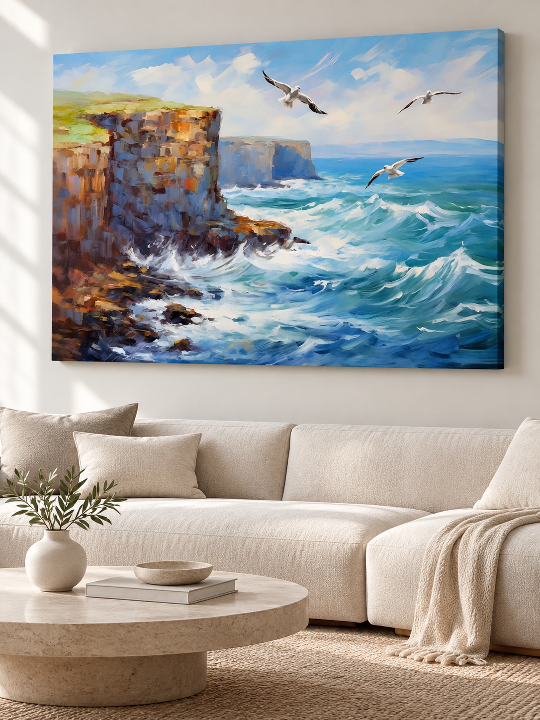Seascape canvas wall art of seagulls over turquoise ocean cliffs