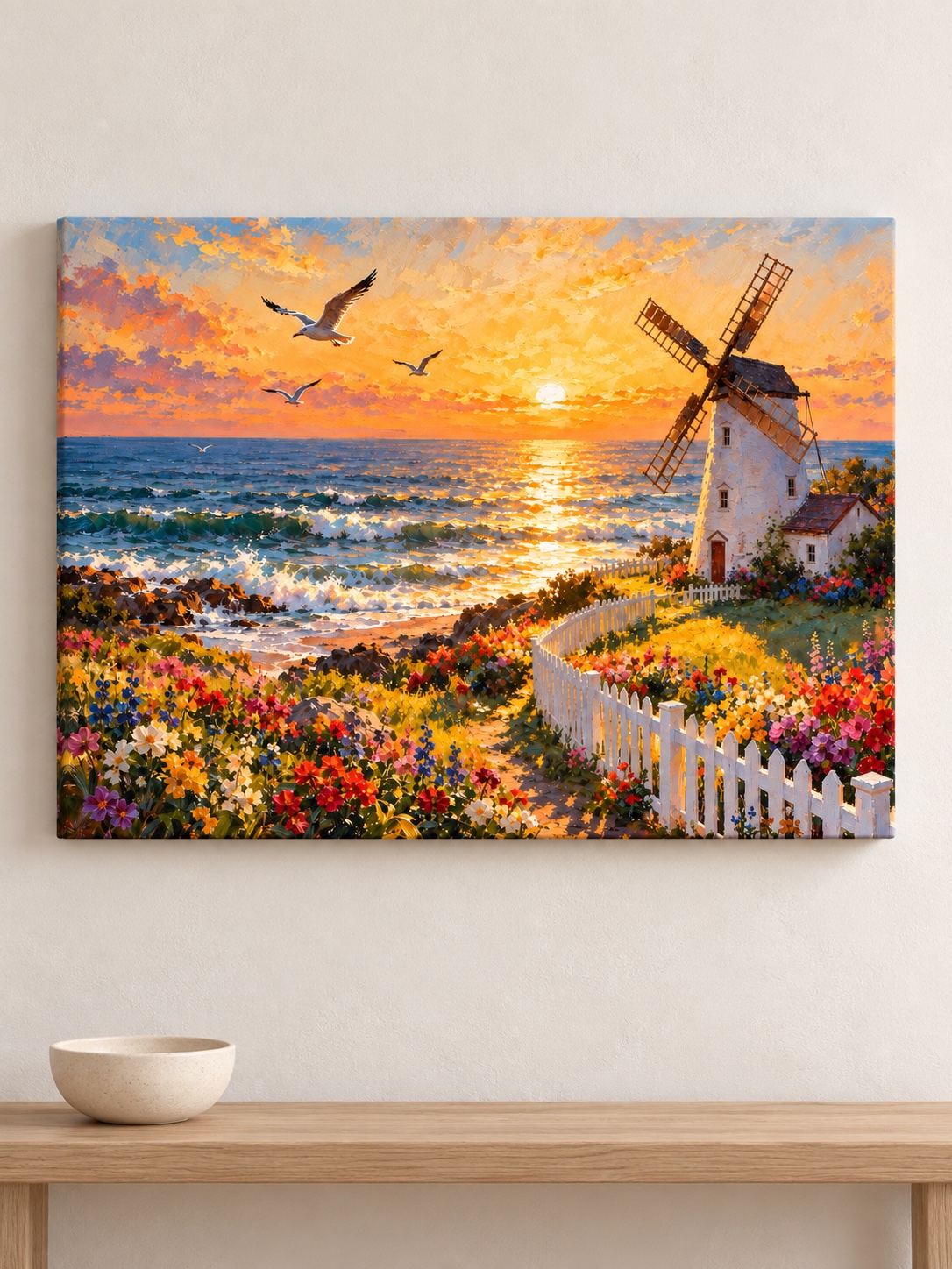 Seaside windmill sunset canvas wall art with seagulls and wildflowers
