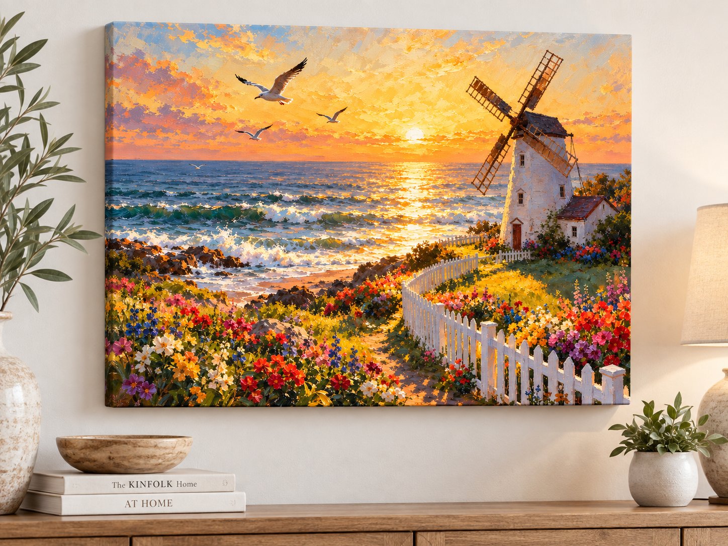 Seaside Windmill Sunset Canvas Wall Art for Living Room | Buy Online India