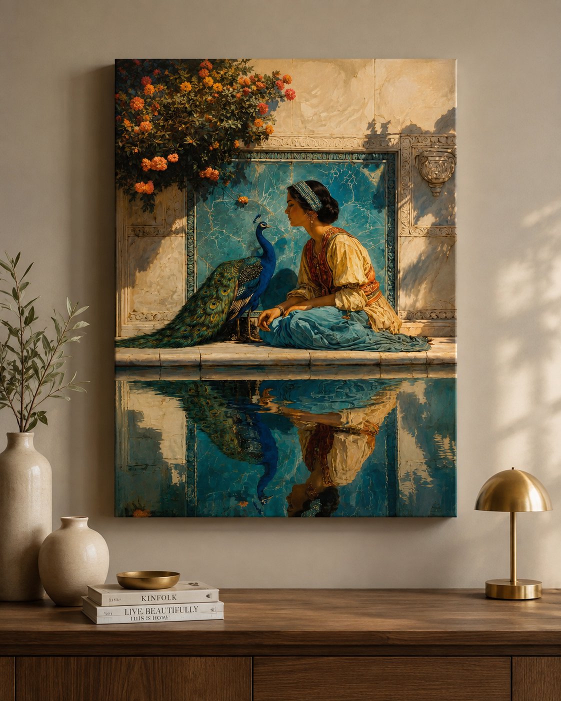 Serene Indian Princess and Peacock Canvas Wall Art – Traditional Reflection Pool Painting Print, Regal Blue and Gold Home Decor canvas print — peacock decor