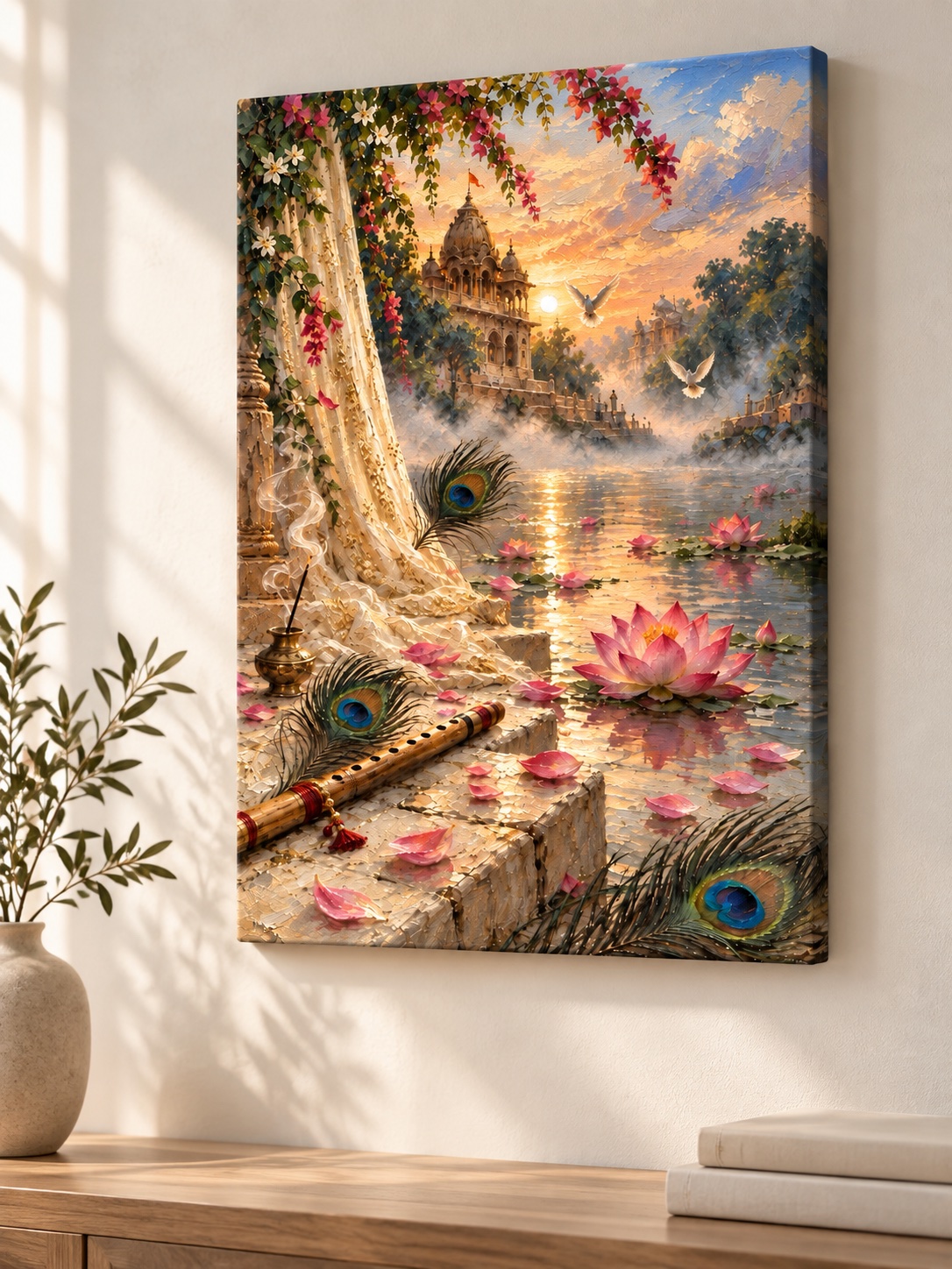 Ornate temple beside a lotus pond at golden sunset with a wooden flute, peacock feathers, white doves, pink flowers, incense smoke, and flowering vines.