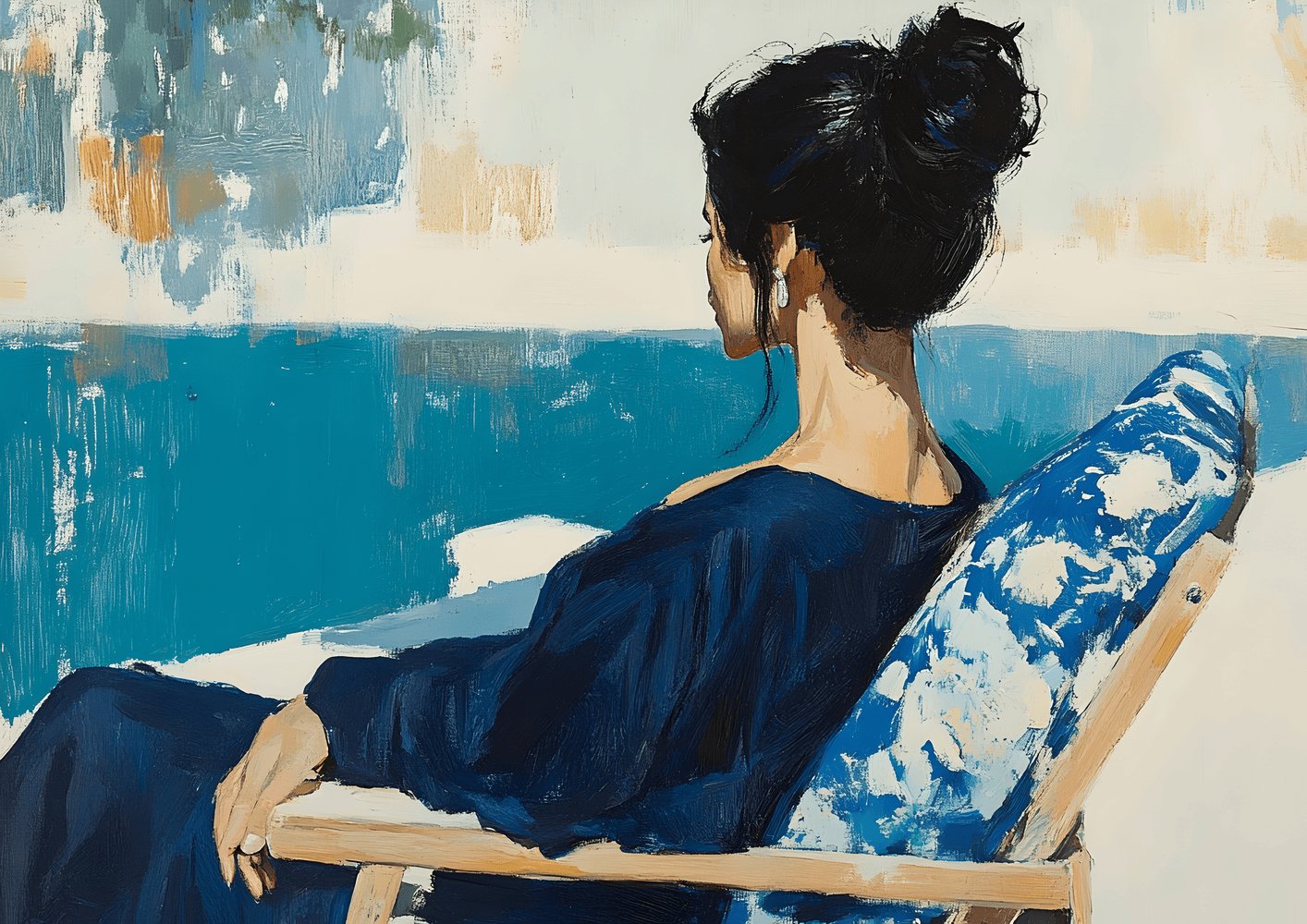 Serene Woman by the Pool Poster - Impressionist Navy Blue & Turquoise Painting Print — Poster