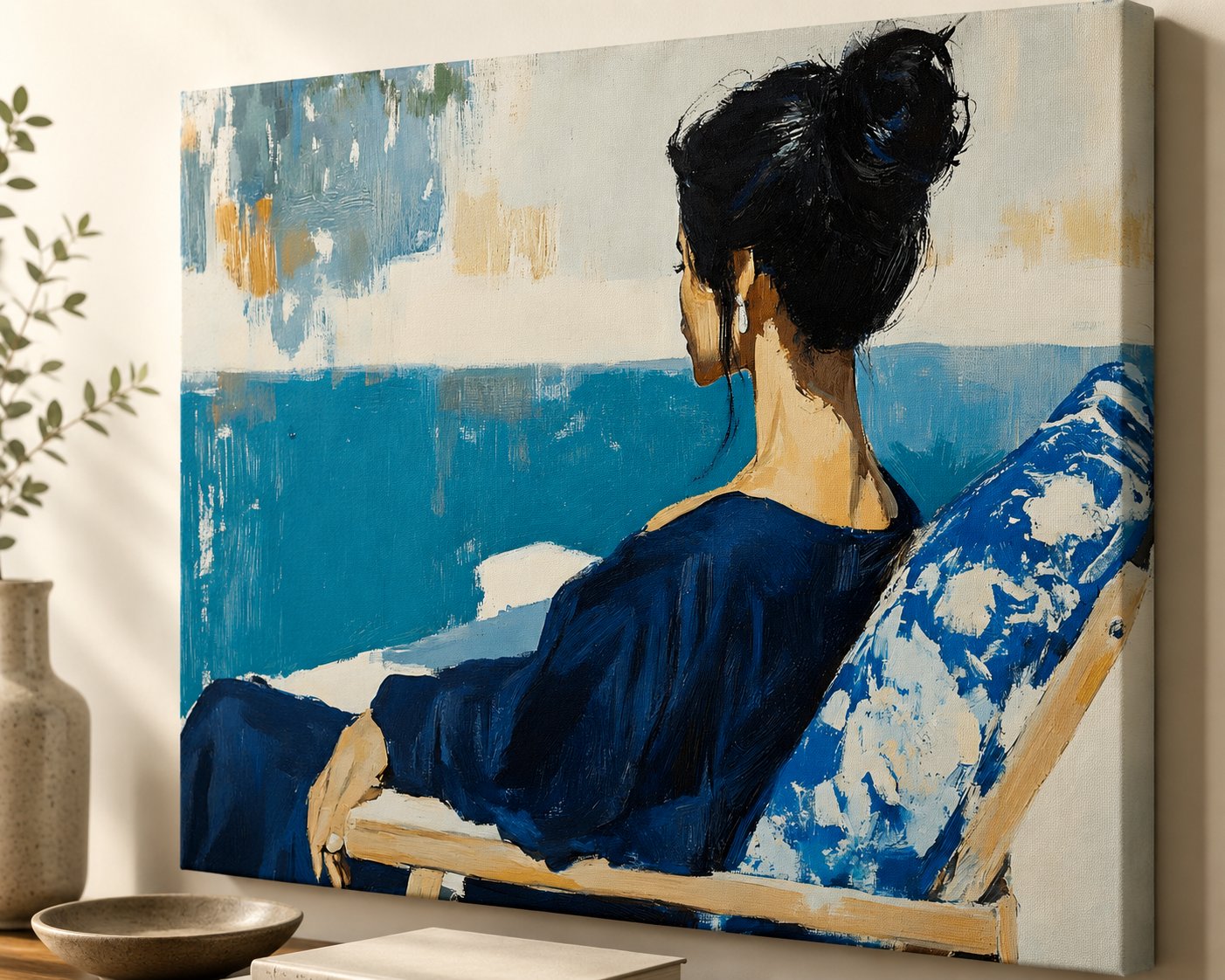 Serene Woman by the Pool Canvas Wall Art - Impressionist Navy Blue & Turquoise Painting Print canvas print — figurative canvas print