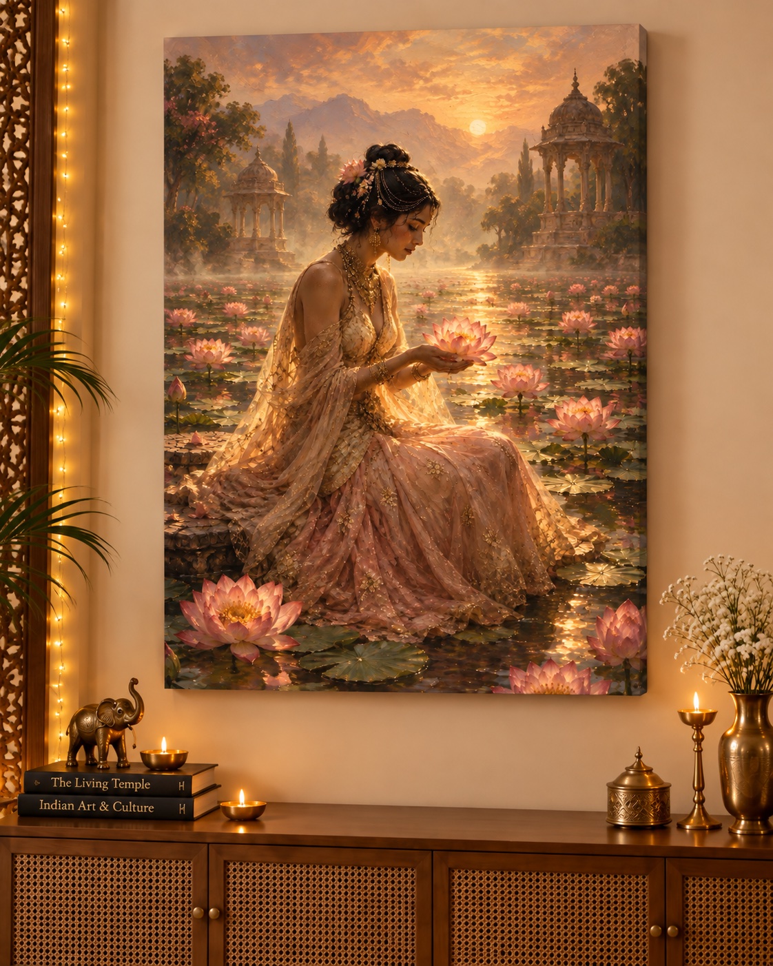 Woman in ornate blush-and-gold attire holding a pink lotus beside a lotus pond, with domed pavilions, mountains, trees, and a golden sunset.