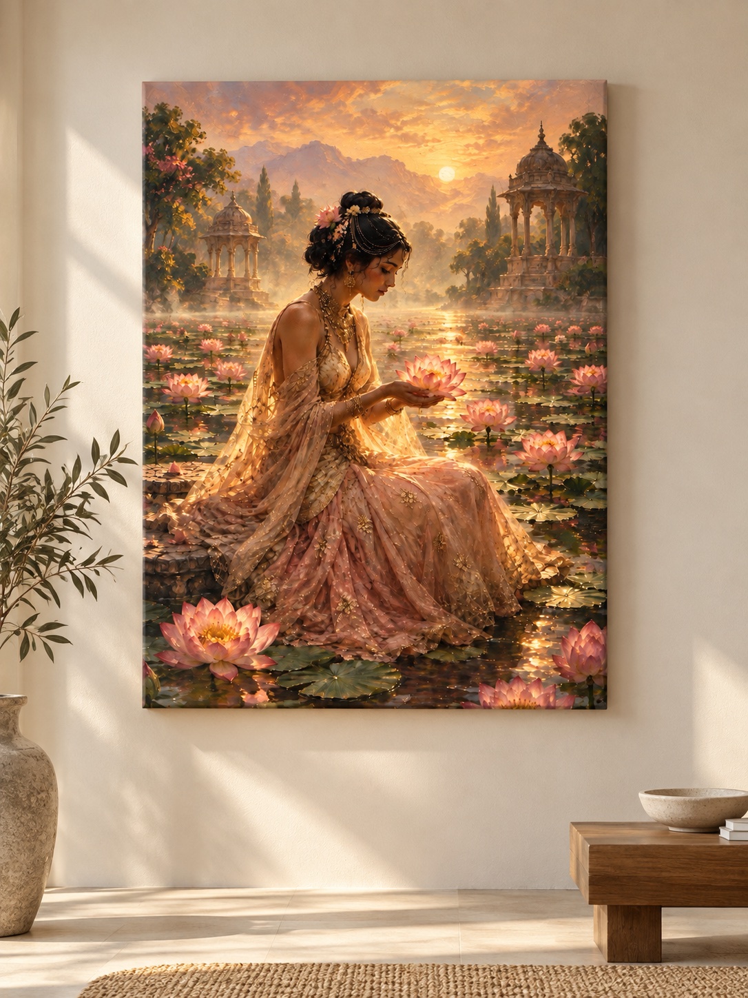 Woman in ornate blush-and-gold attire holding a pink lotus beside a lotus pond, with domed pavilions, mountains, trees, and a golden sunset.