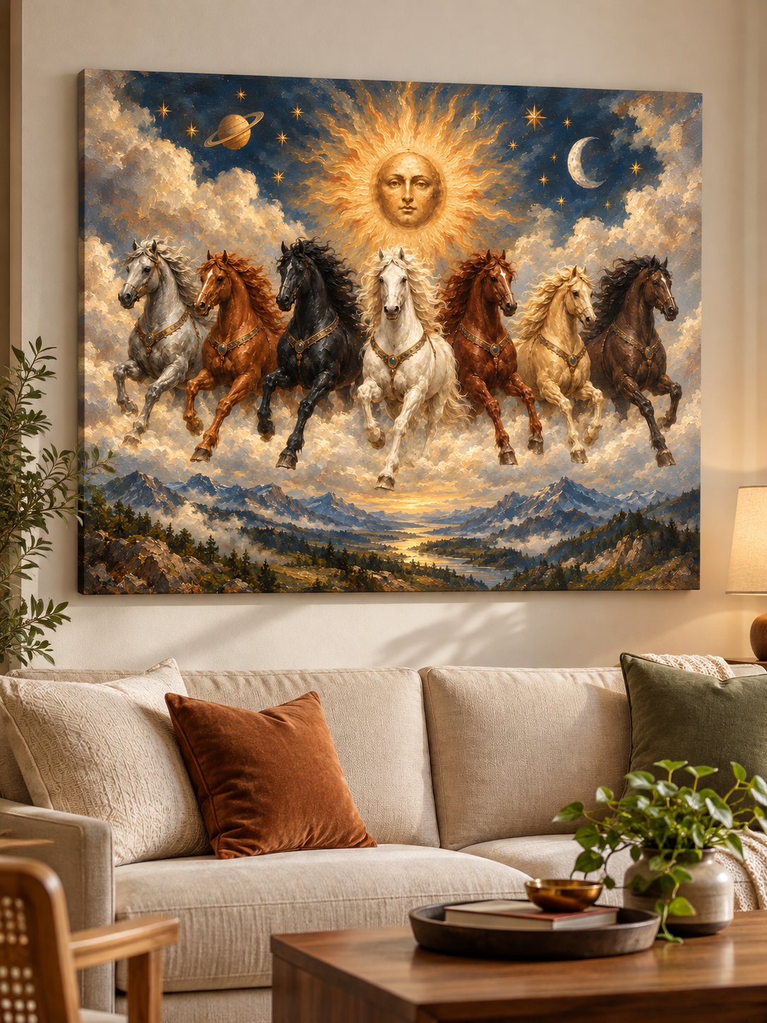 Seven horses galloping through clouds beneath a radiant sun face in a starry cosmic sky