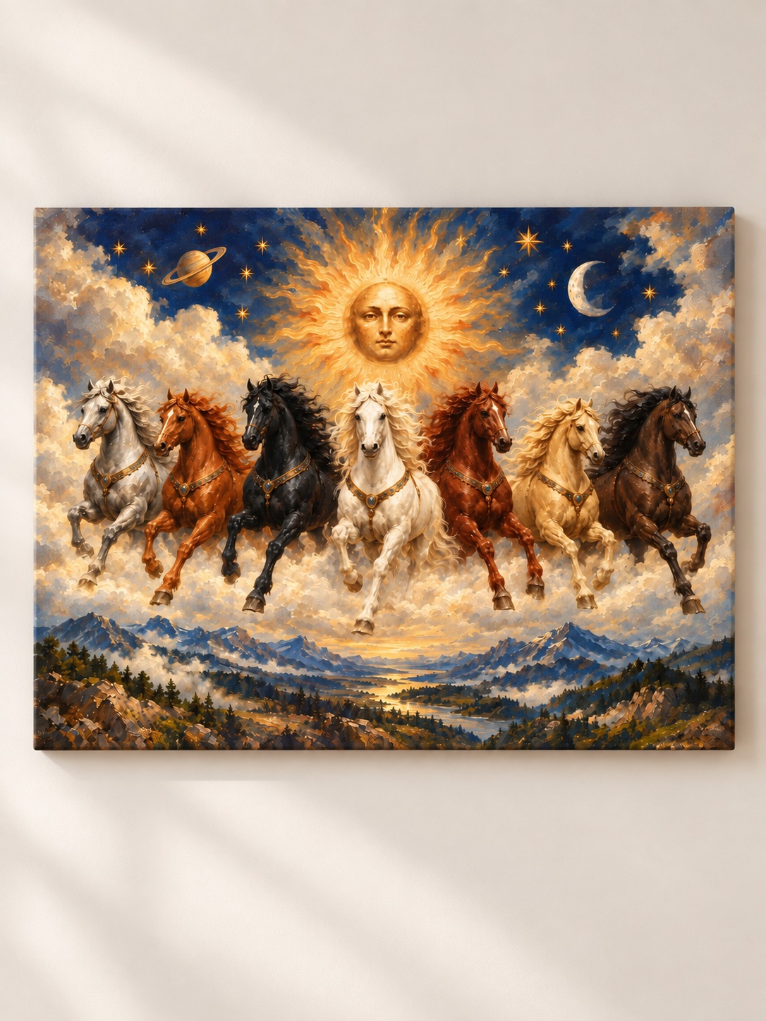 Seven horses galloping through clouds beneath a radiant sun face in a starry cosmic sky