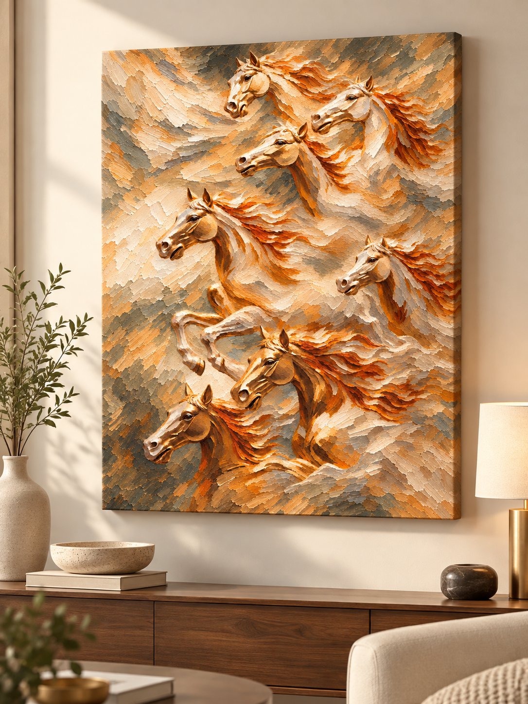 Seven golden horses galloping impasto canvas painting in warm amber tones