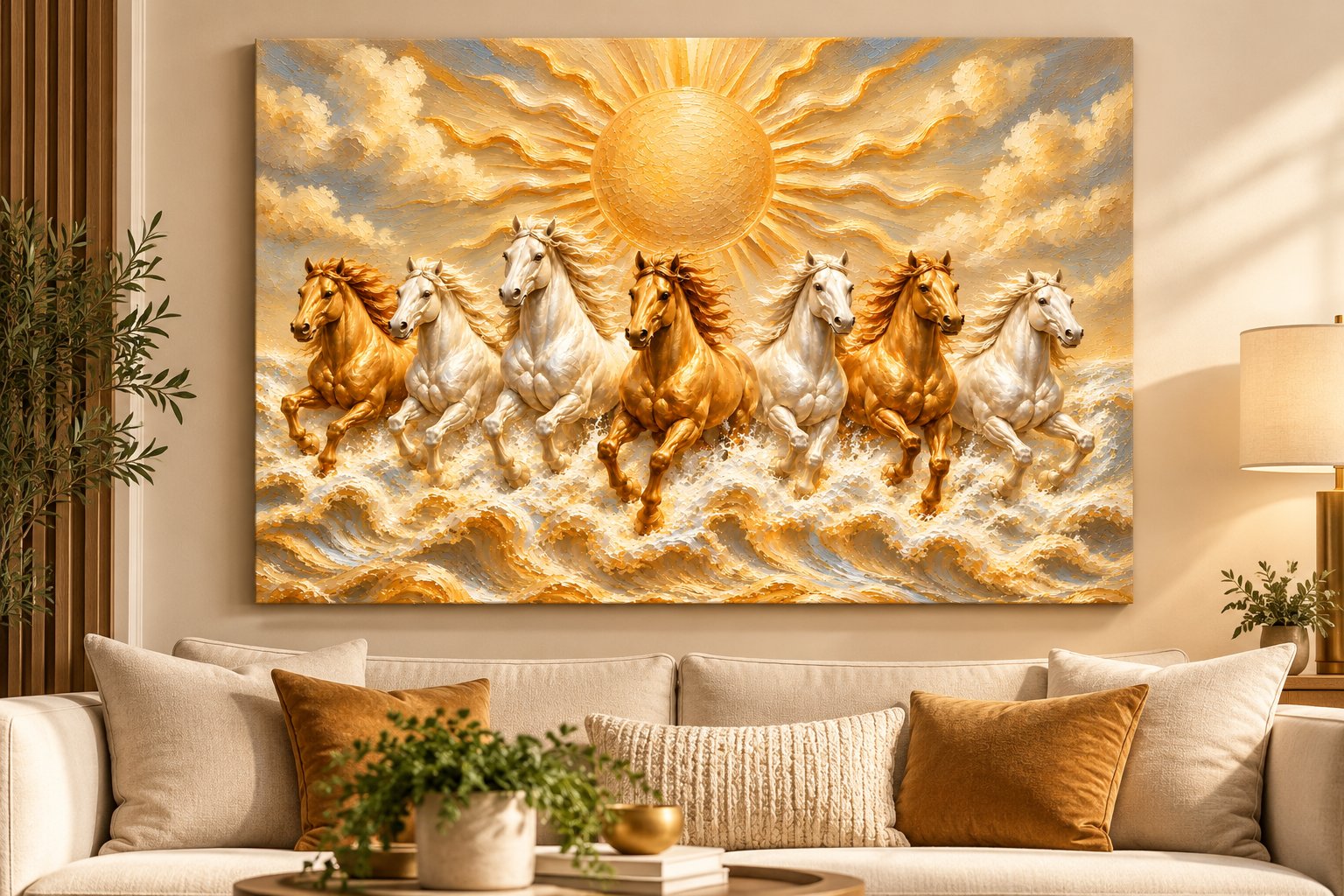seven horses golden sun canvas wall art