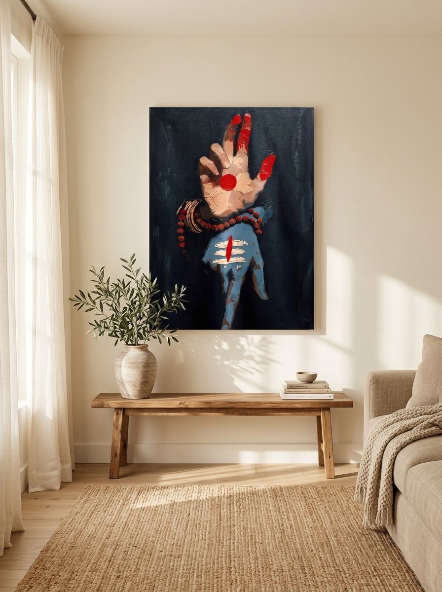 Shiva divine hand with rudraksha beads red alta fingertips and tilak on dark background — canvas wall art