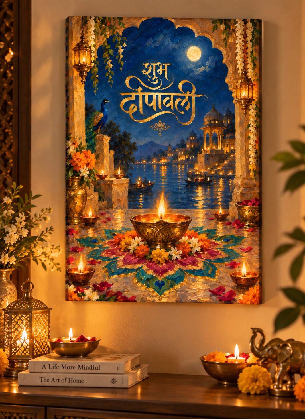 Glowing diyas surrounding a colorful floral rangoli beneath gold “शुभ दीपावली” lettering, with a peacock, moonlit water, boats, flowers, and illuminated architecture.