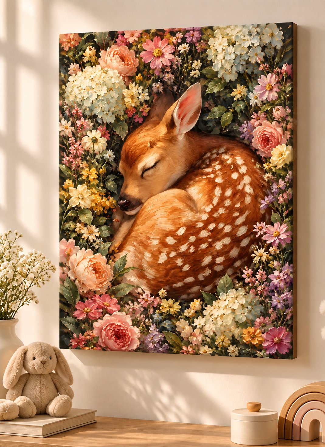 Sleeping spotted fawn curled among dense pink, peach, cream, yellow, and purple flowers with dark green leaves.