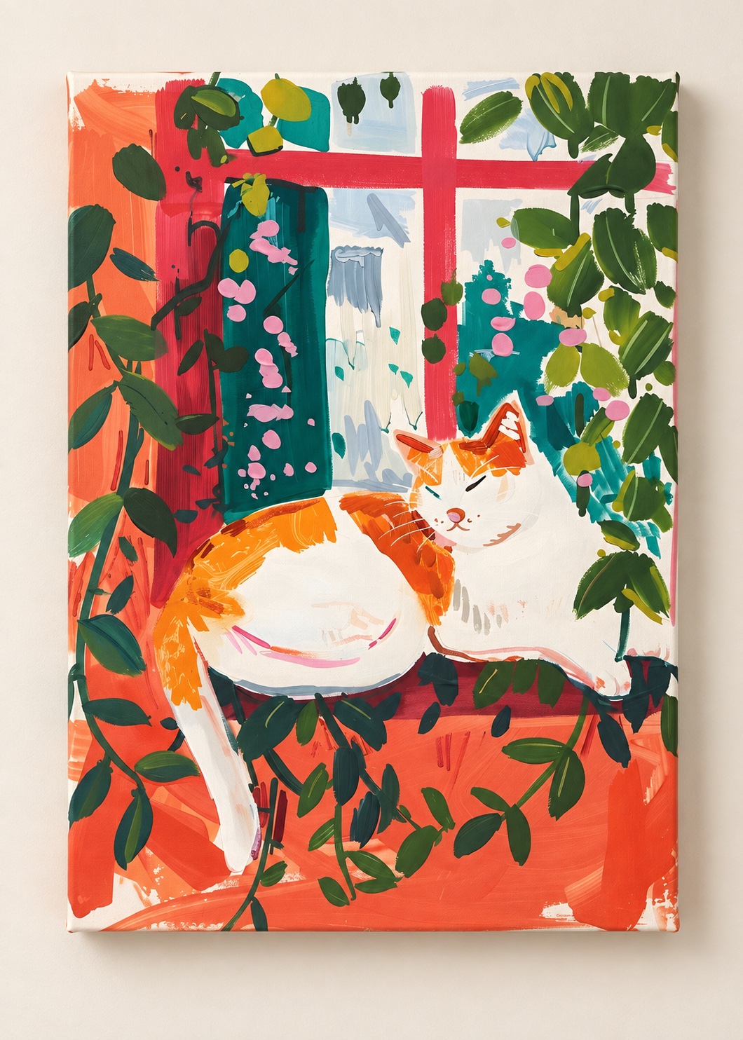 Orange and white cat curled up with its eyes closed, surrounded by green leaves and pink blossoms against a coral background.