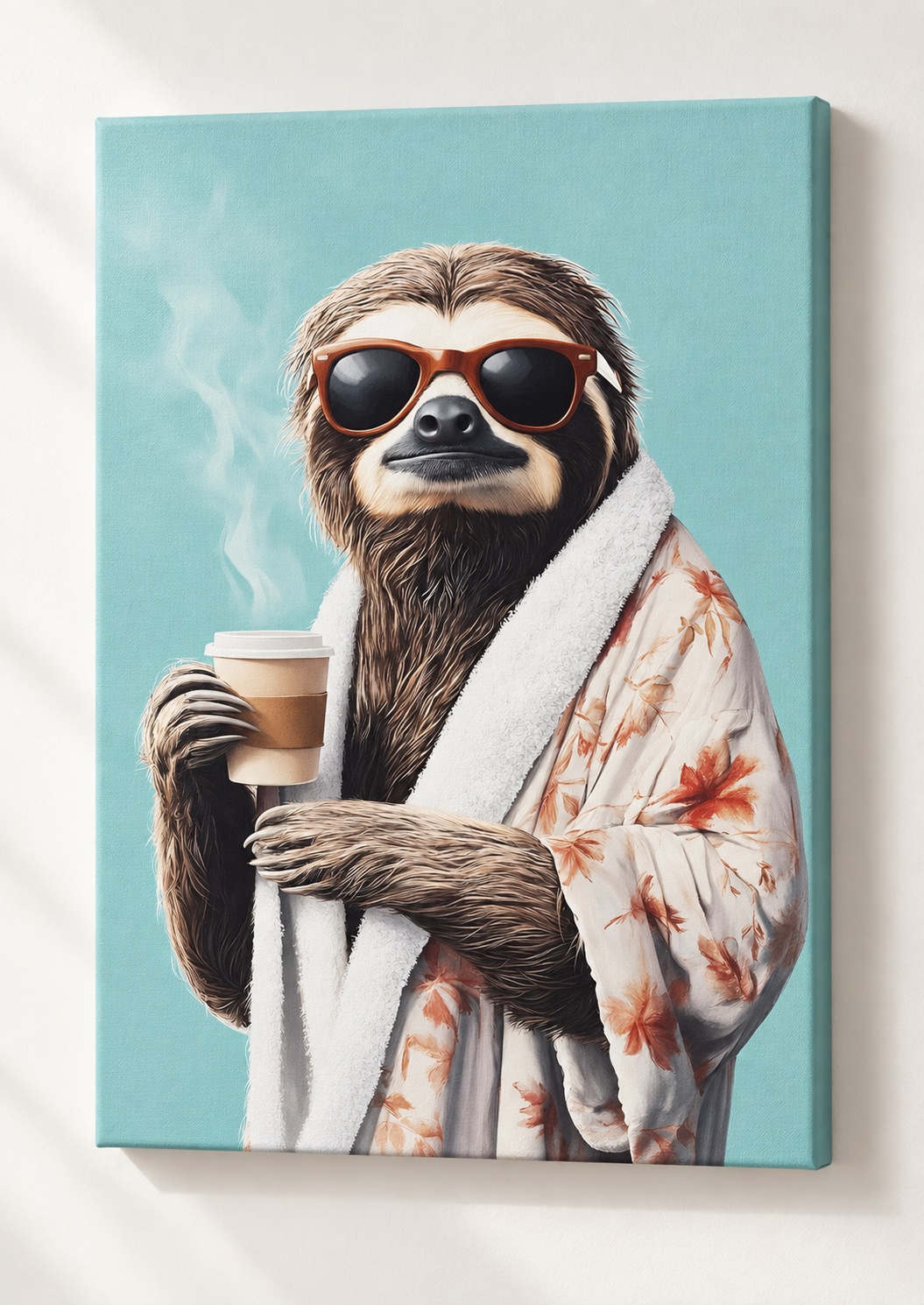 Sloth in Sunglasses with Coffee – Playful Pastel Blue Canvas Wall Art