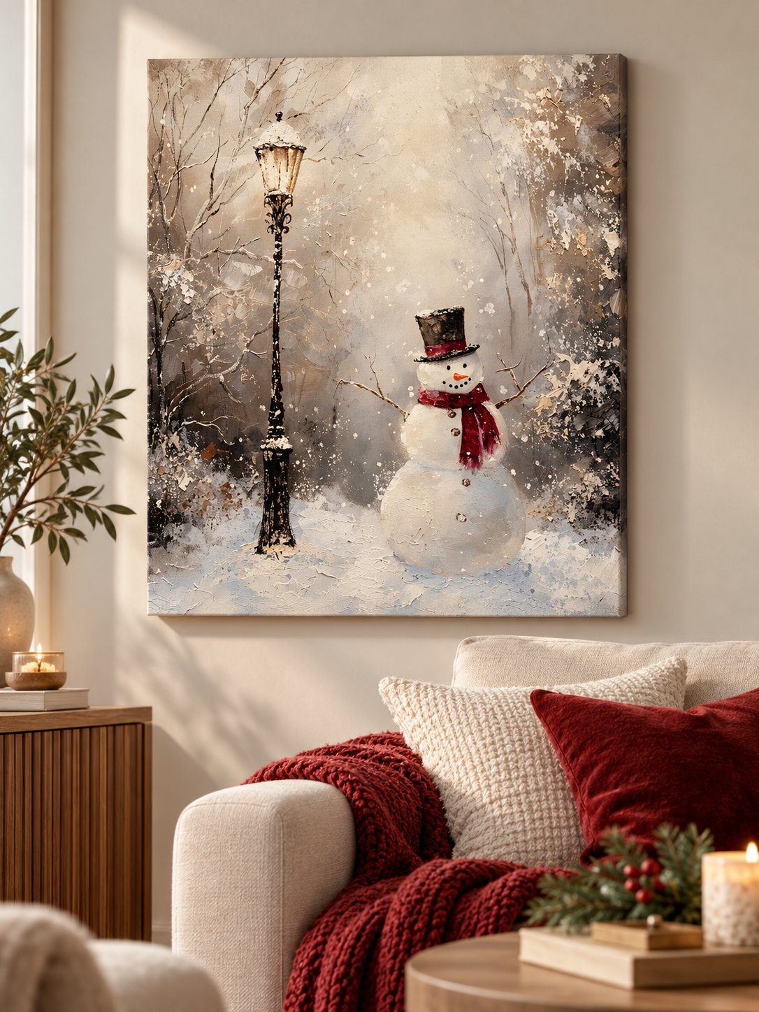 Vintage winter canvas art of a snowman beside a lamppost in snow