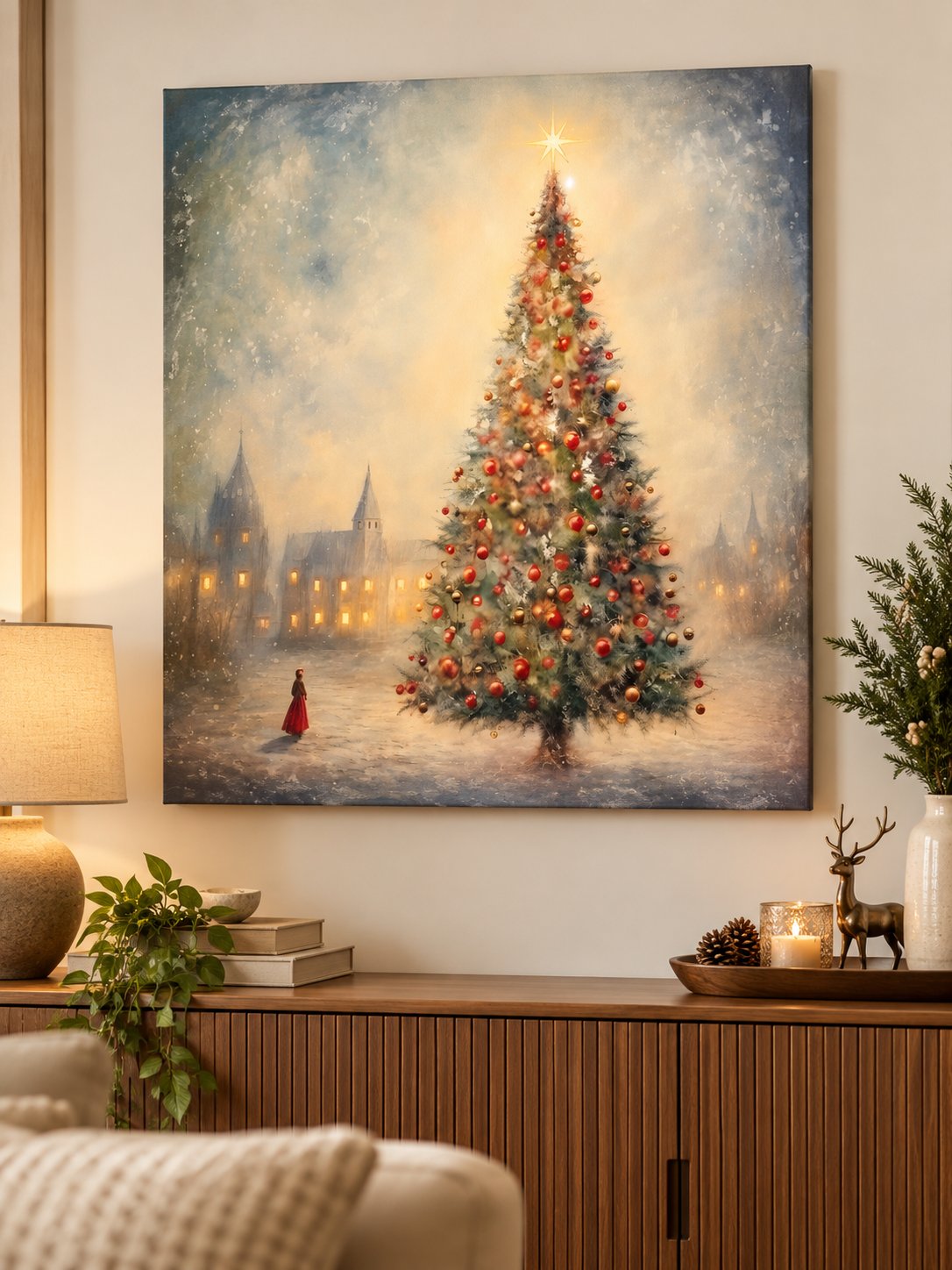 Snowy Town Square Christmas Tree Canvas Wall Art