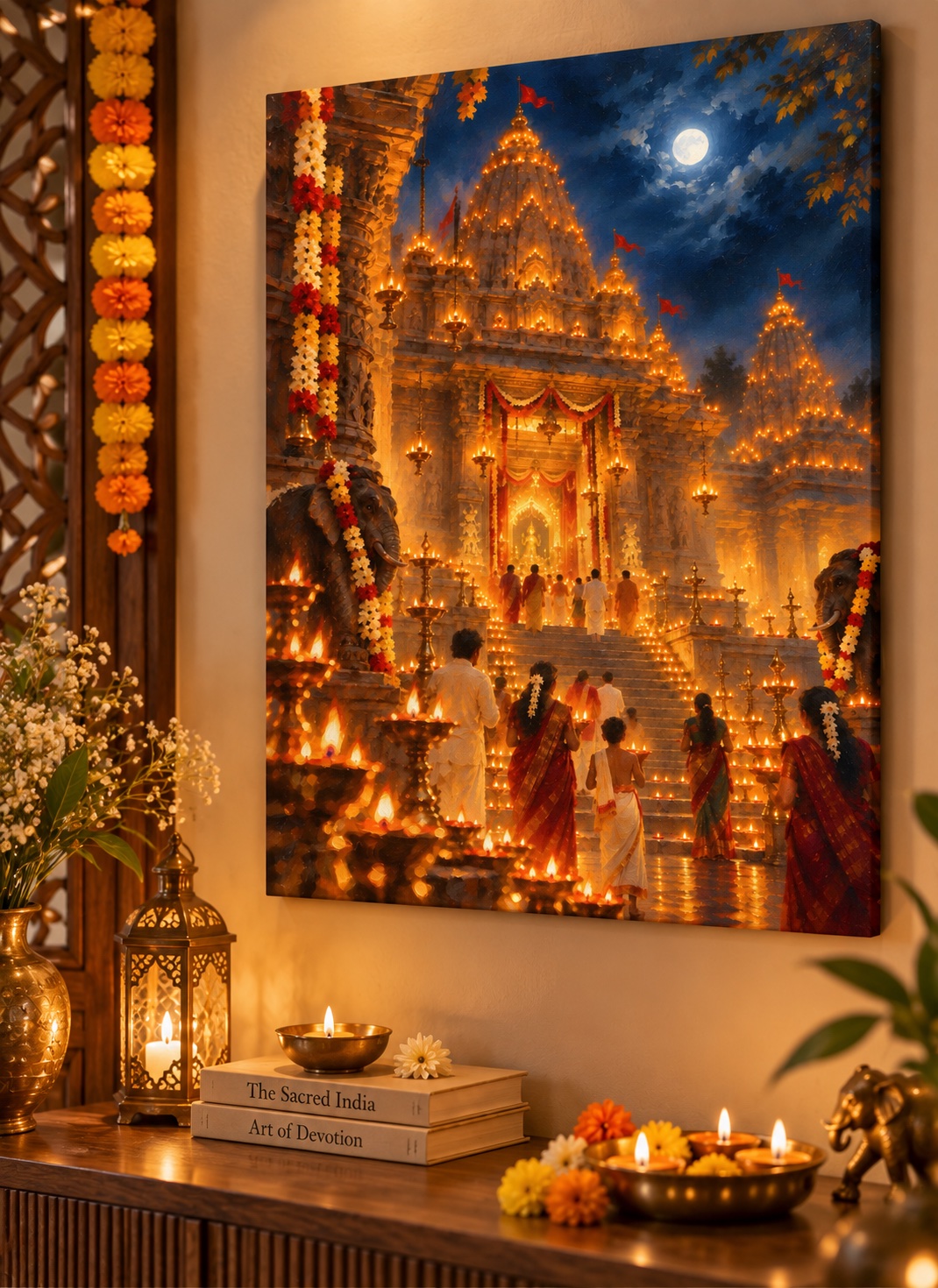 Ornate moonlit temple glowing with rows of diyas, floral garlands, decorated elephants and people walking up illuminated steps beneath a deep blue sky.