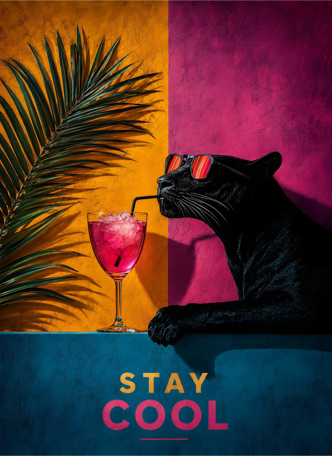 Stay Cool Black Panther Sunglasses Pop Art Poster – Vibrant Pink, Orange & Teal Tropical Wall Decor — Poster