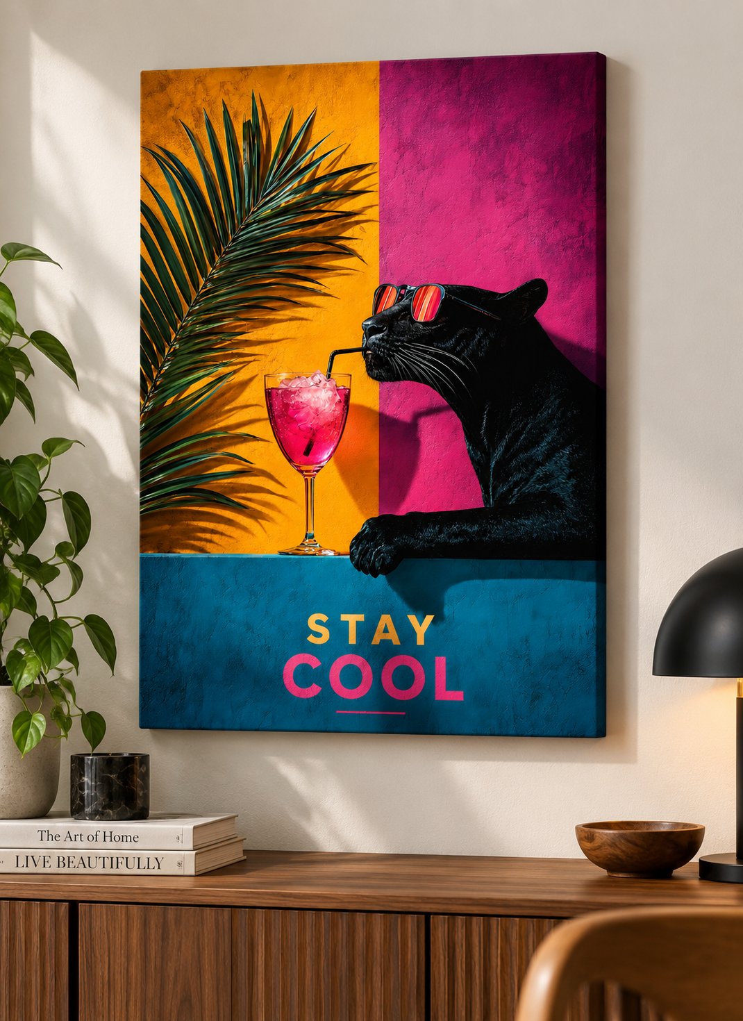 Black panther-like cat wearing red sunglasses and drinking a pink beverage beside a palm leaf, with orange, magenta, and teal color-blocked background and “STAY COOL” text.
