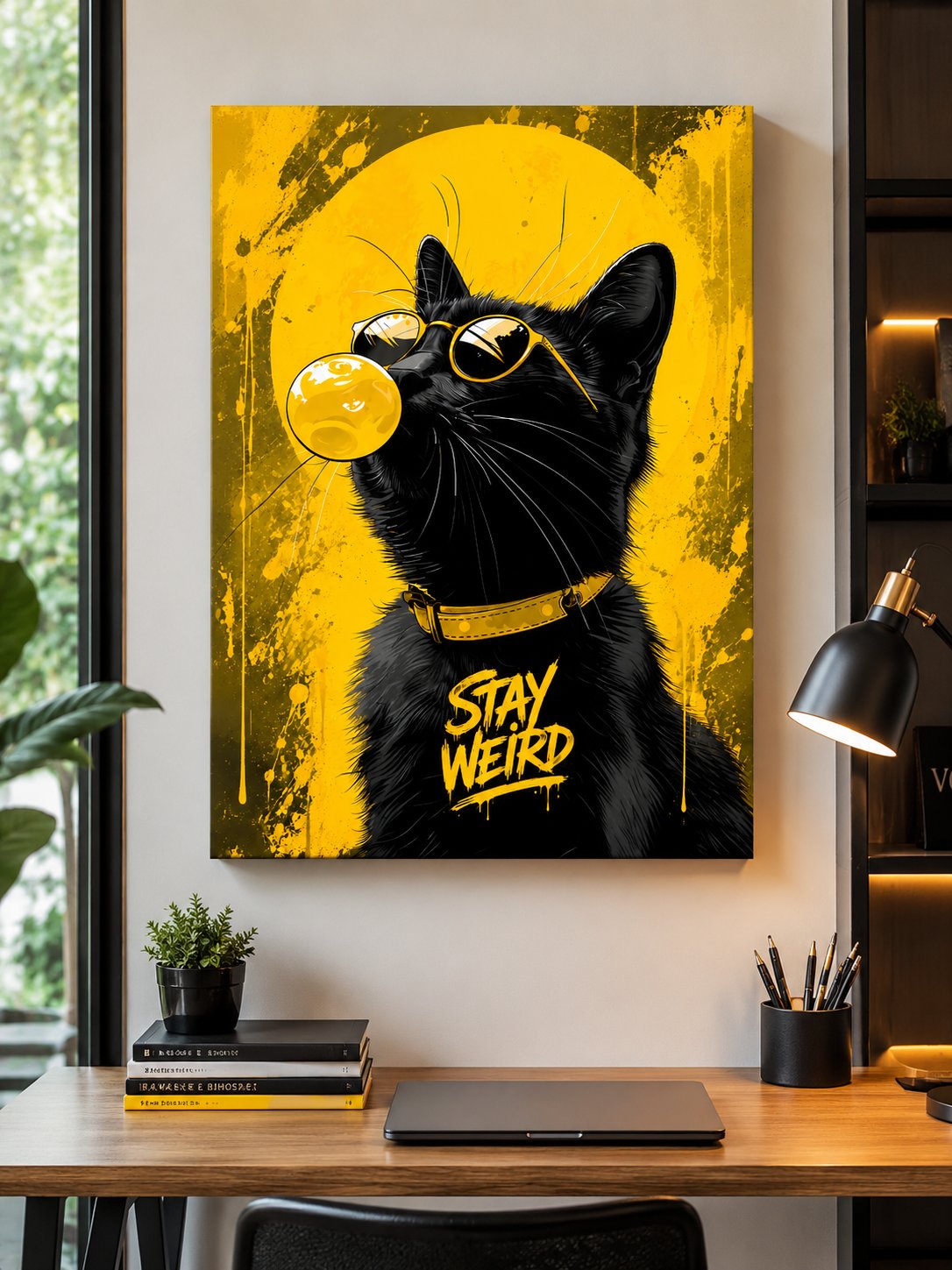 Stay Weird Black Cat Wall Art | Funny Cat Poster blowing Bubblegum | Cool Cat with Sunglasses Pop Art | Quirky Yellow Room Decor Canvas Print canvas print — sunglasses cat print