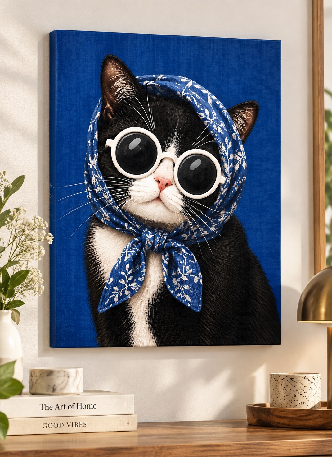 Black-and-white cat wearing round black sunglasses and a blue floral headscarf against a deep blue background.