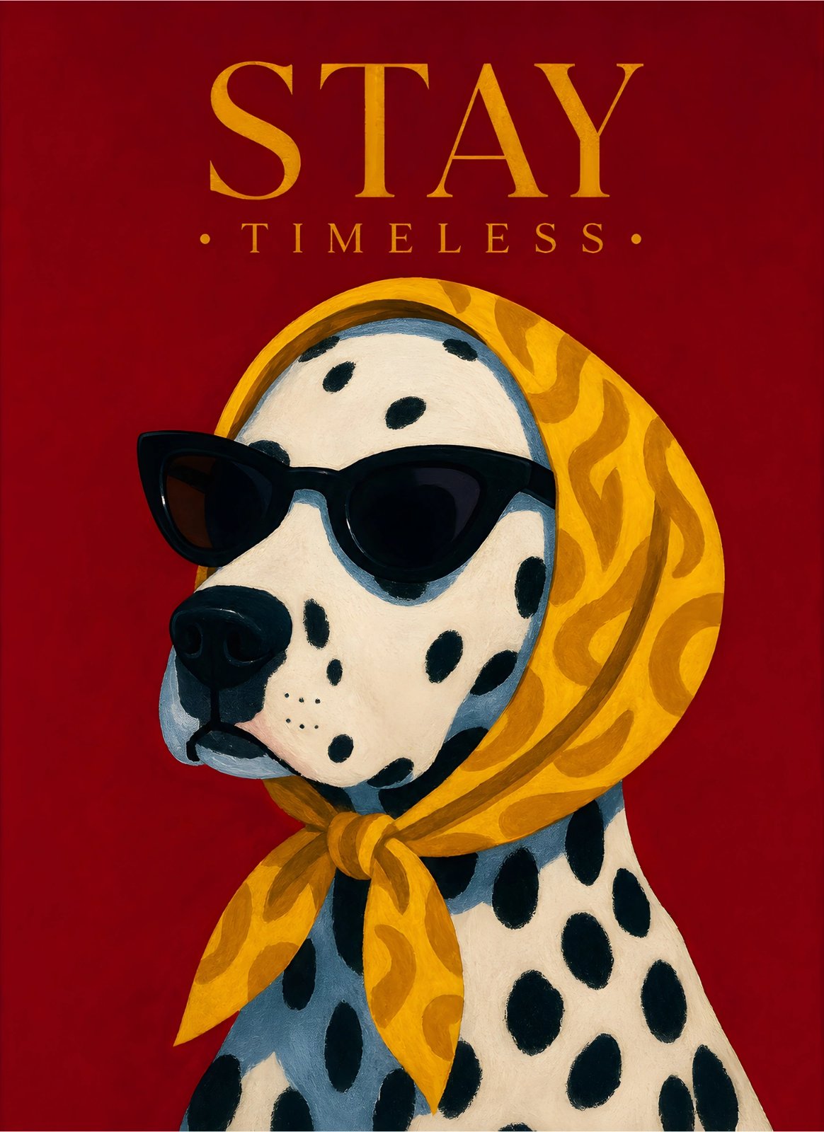 Stylish Dalmatian Dog Portrait with Sunglasses & Golden Scarf – Red Pop Art Wall Décor — Poster