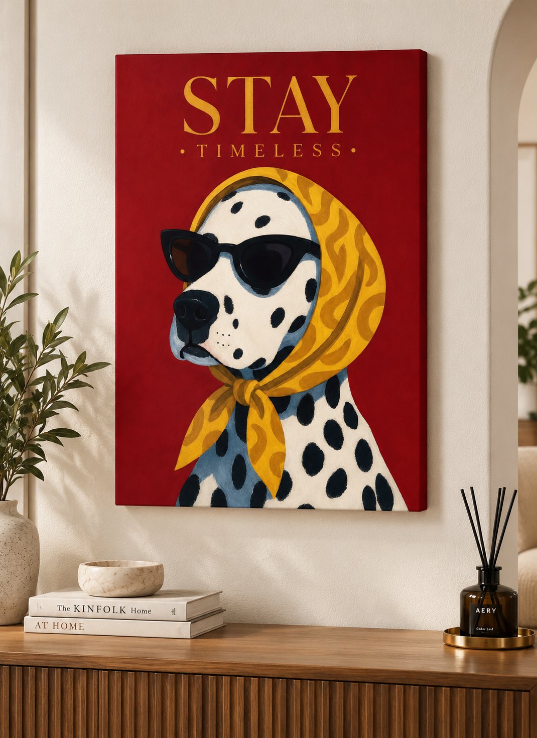 Dalmatian dog wearing black sunglasses and a golden patterned scarf against a red background with “STAY TIMELESS” text.