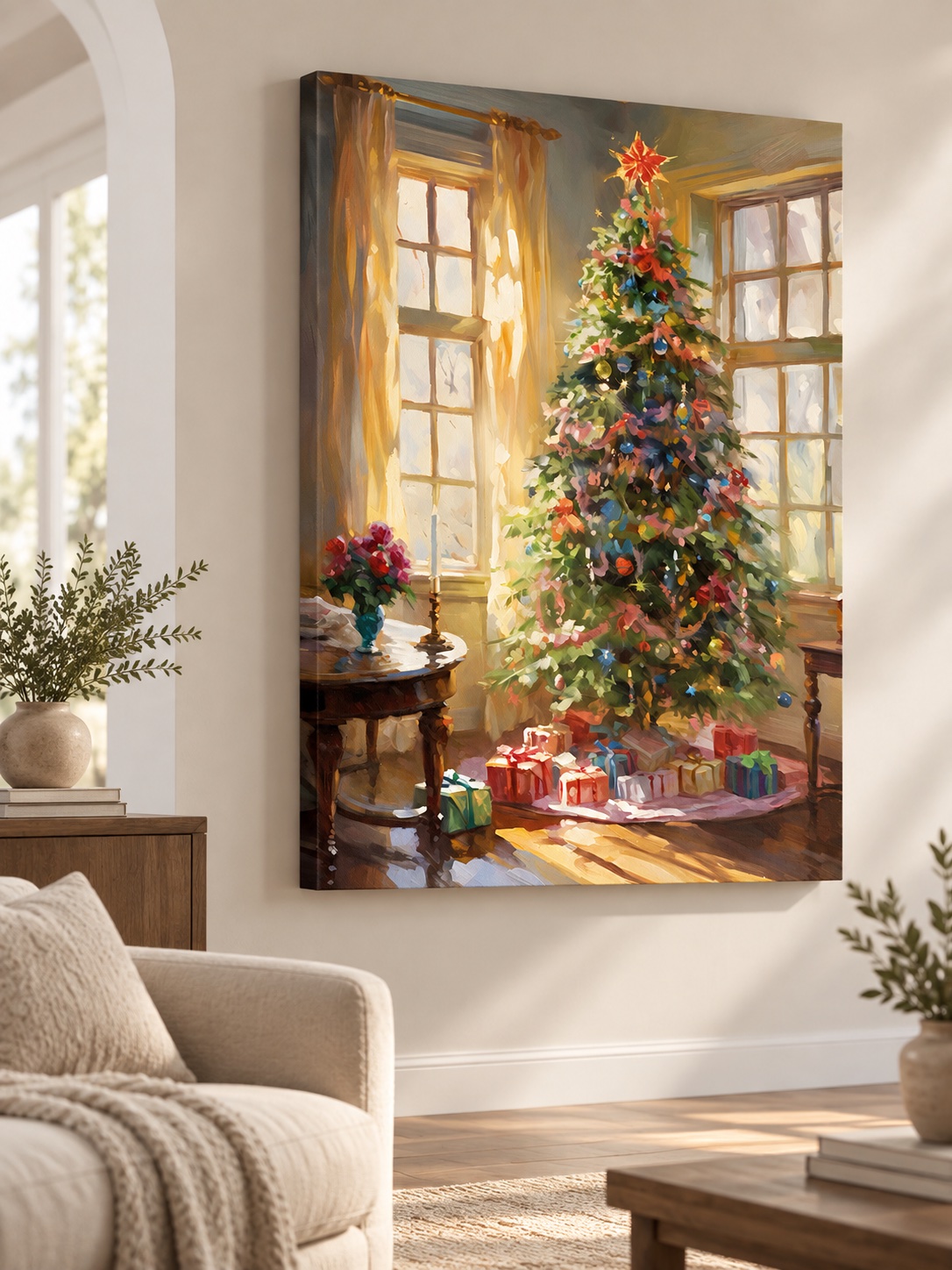 Sunlit Christmas Tree with Gifts Canvas Wall Art