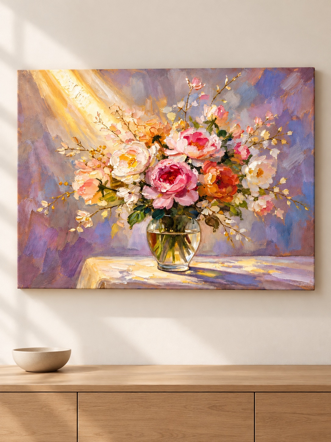 Sunlit peony bouquet canvas wall art in glass vase