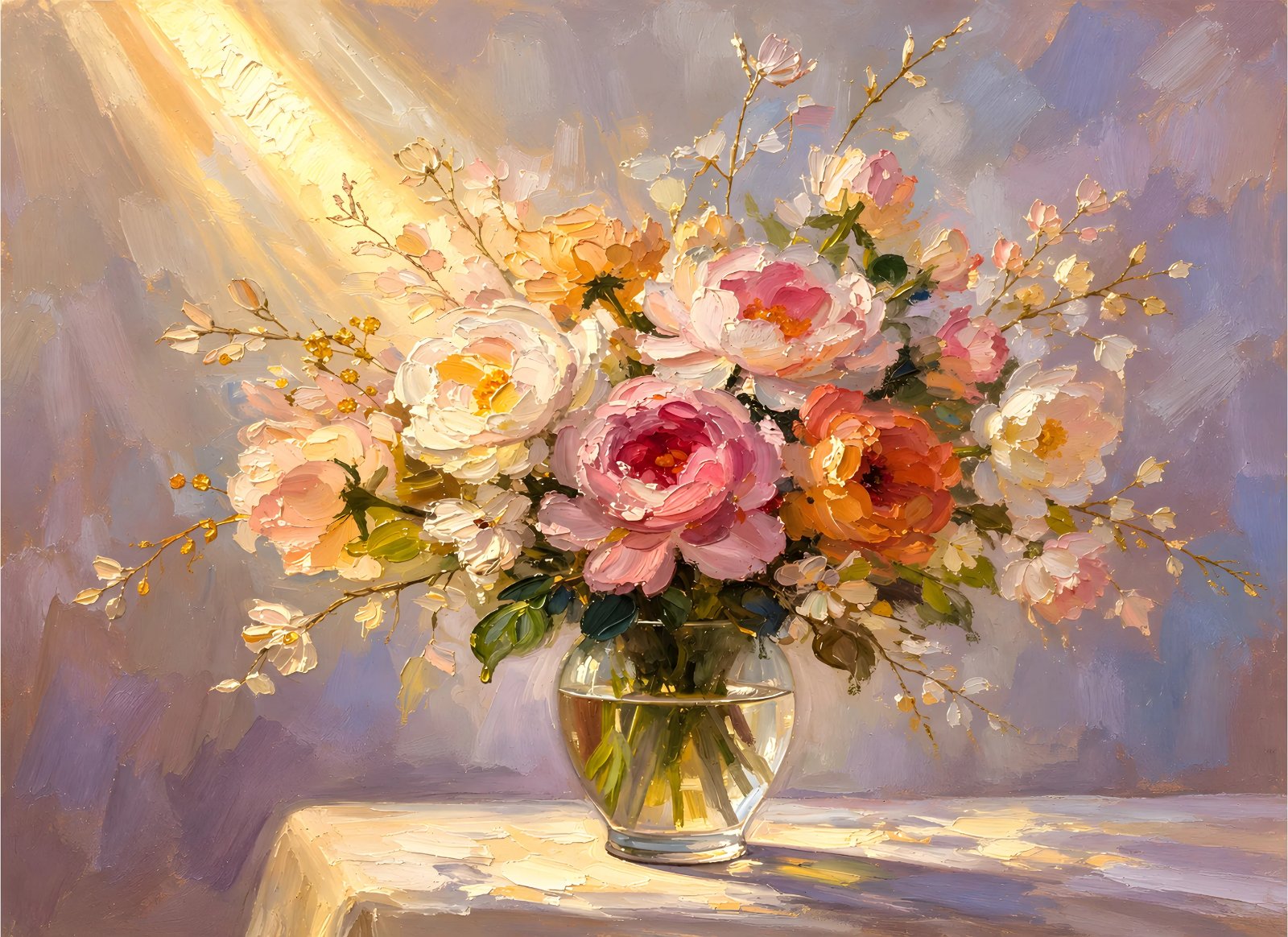Sunlit peony bouquet poster in glass vase