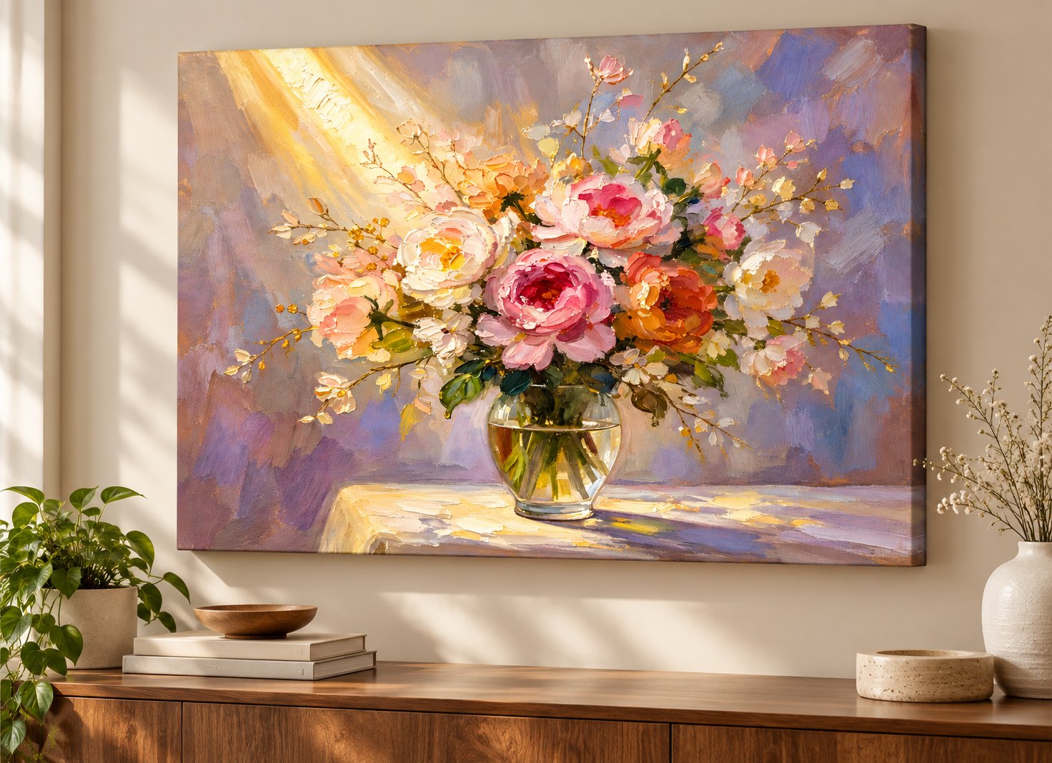 Sunlit peony bouquet canvas wall art in glass vase