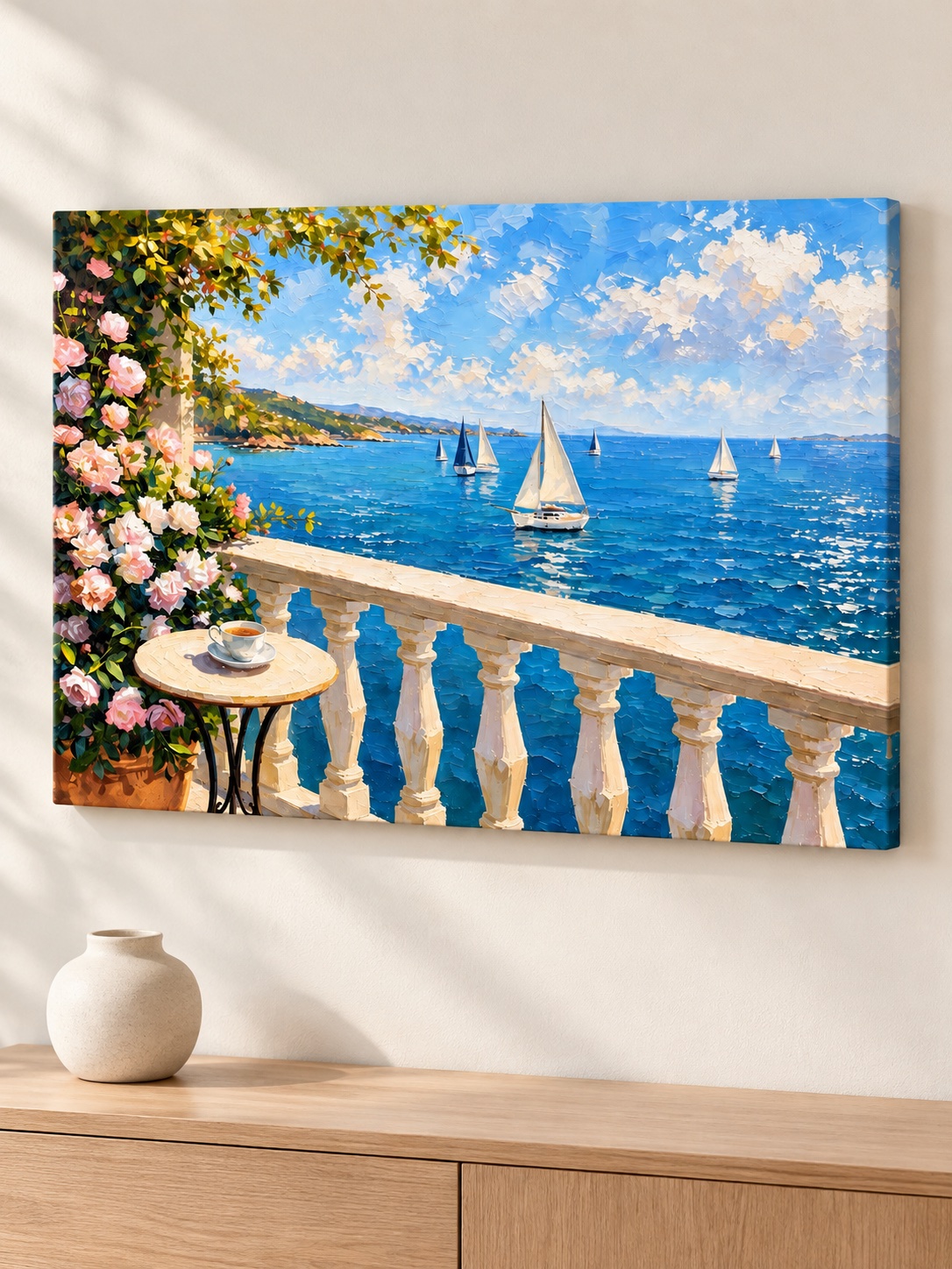 Sunny sailboat balcony canvas wall art with sea view and roses