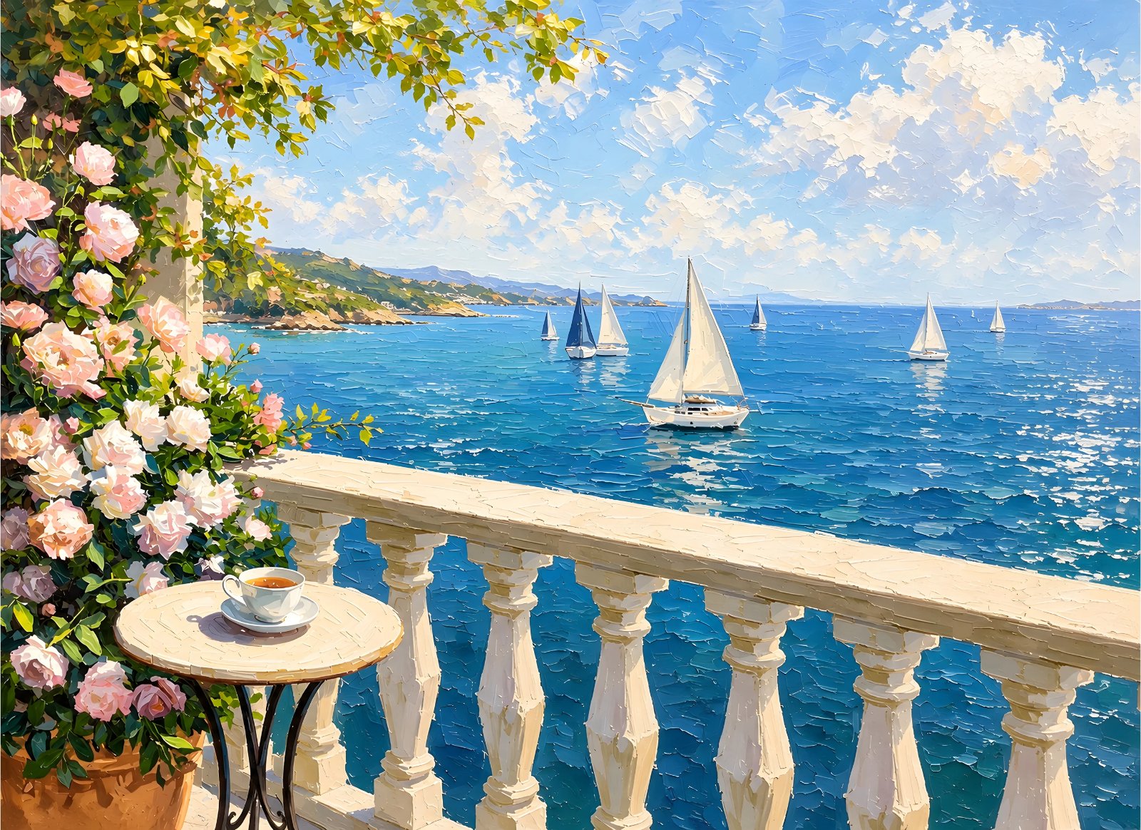 Sunny sailboat balcony poster with sea view and roses