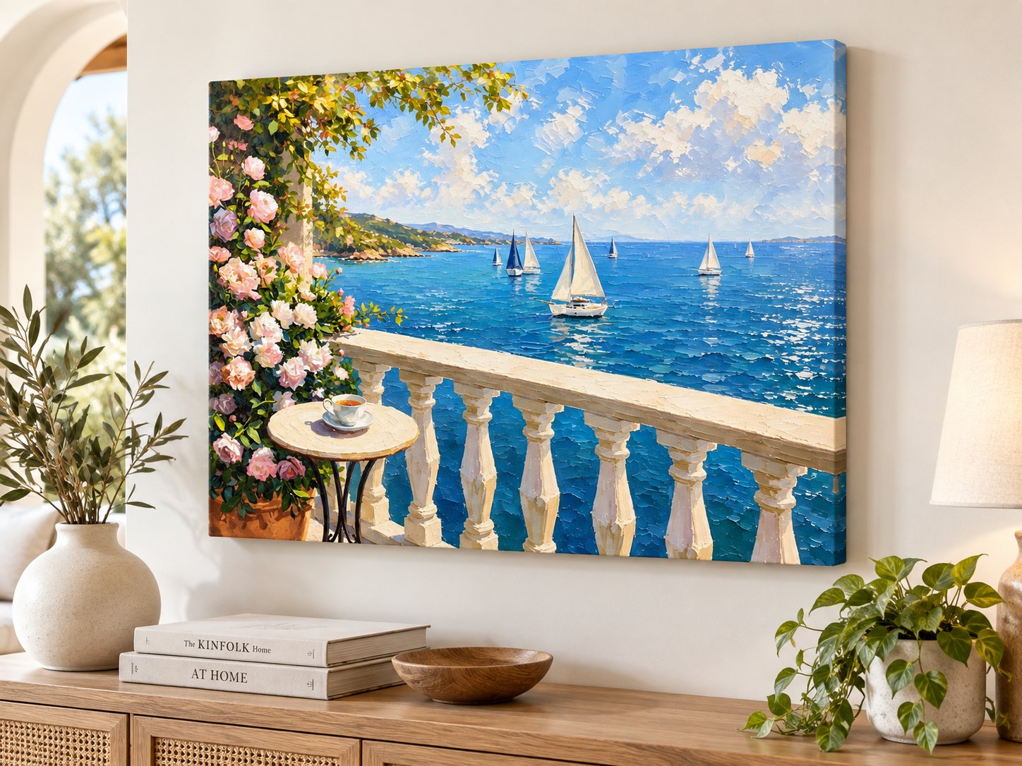 Sunny sailboat balcony canvas wall art with sea view and roses