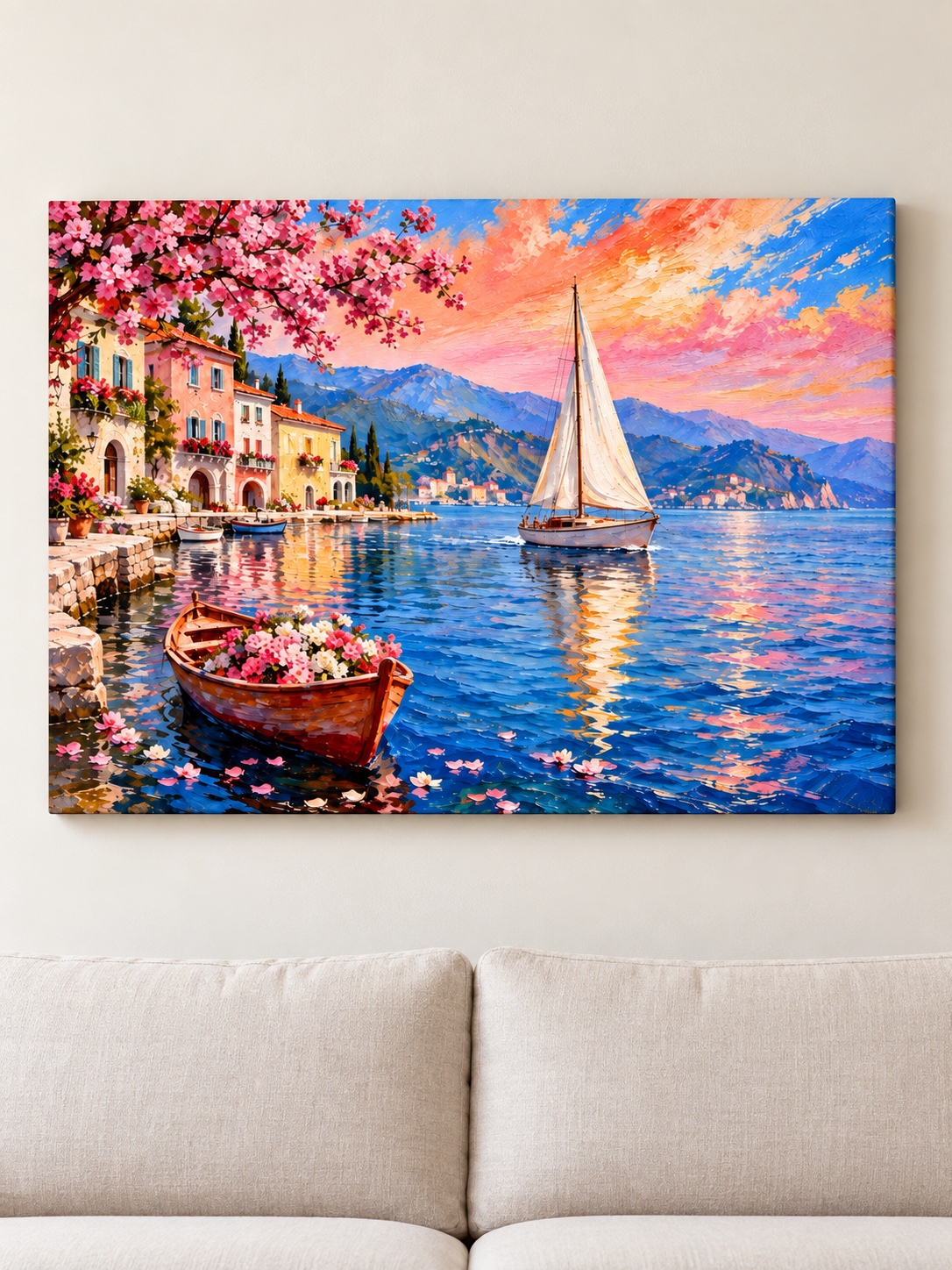 Sunset sailboat coastal canvas wall art with cherry blossoms, flower boat and waterfront village