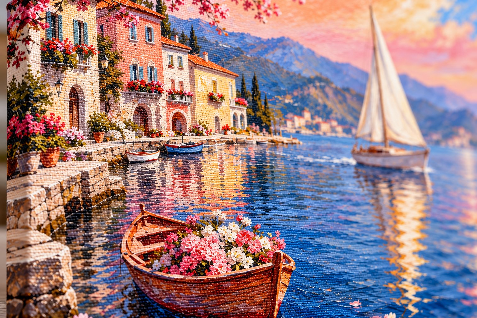Sunset sailboat coastal poster with cherry blossoms, flower boat and waterfront village