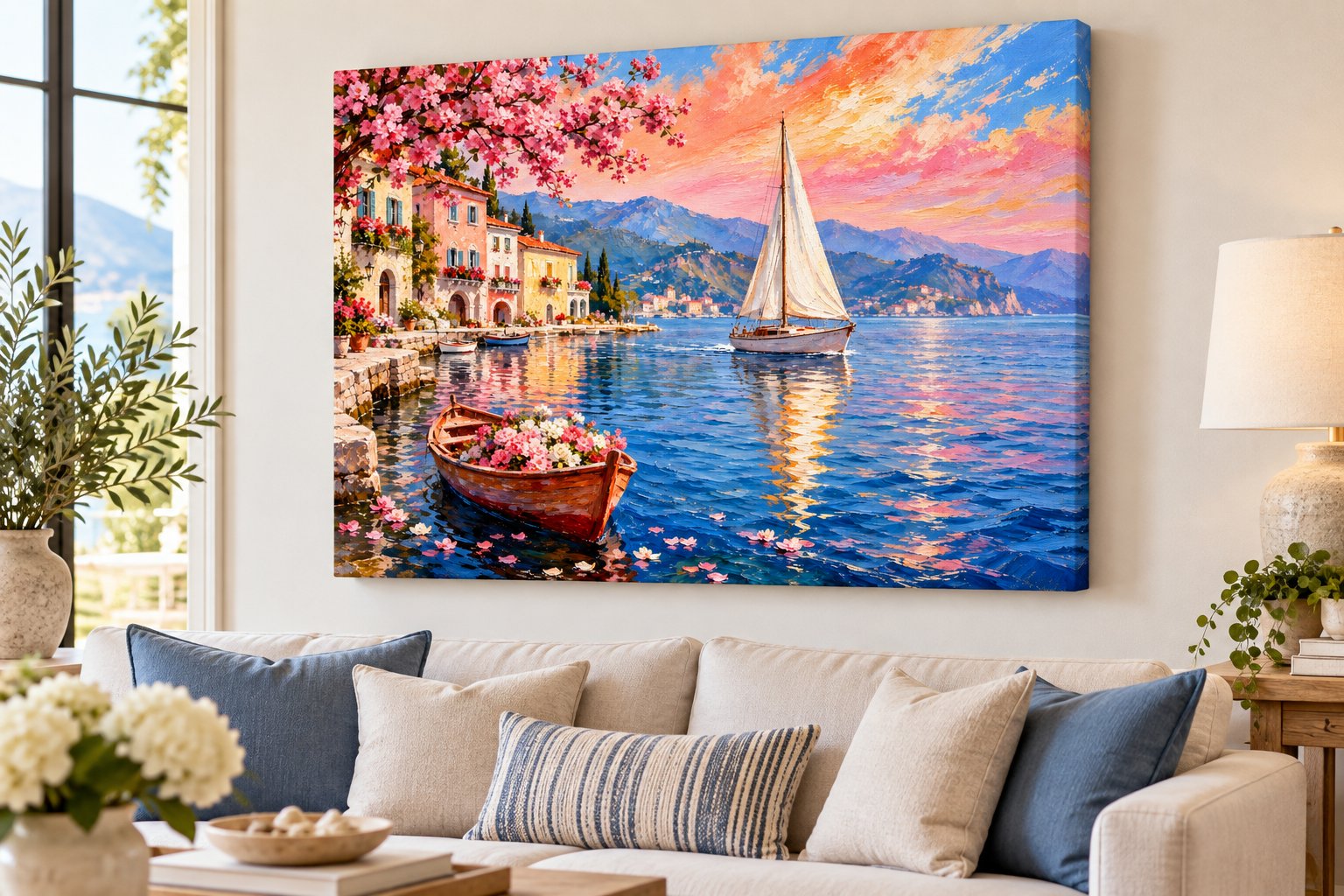 Sunset sailboat coastal canvas wall art with cherry blossoms, flower boat and waterfront village