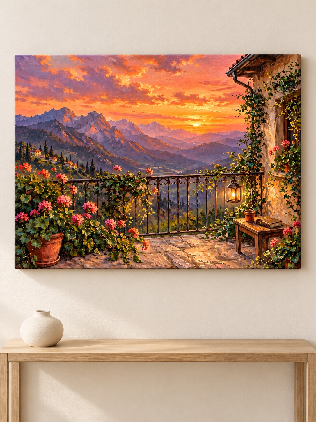 Sunset terrace mountain view canvas wall art with golden dusk tones