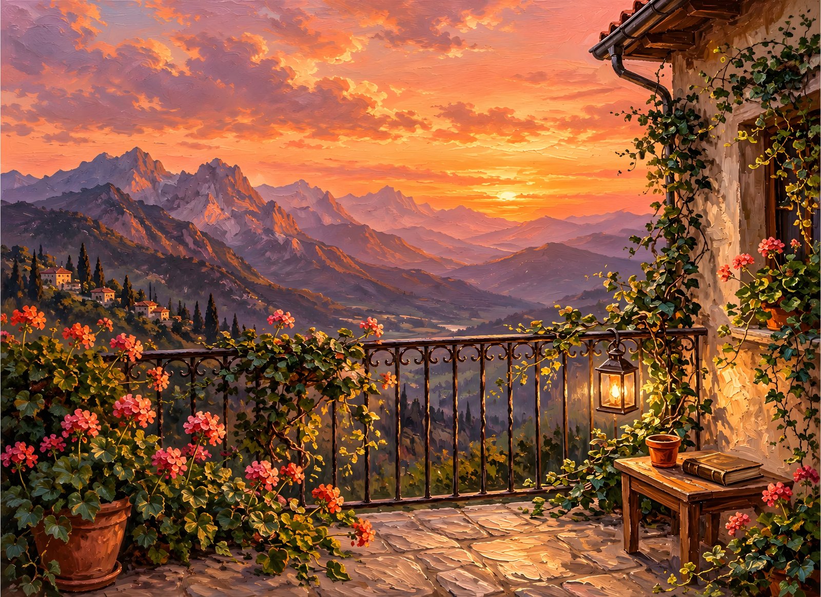 Sunset terrace mountain view poster with geraniums, lantern and stone balcony